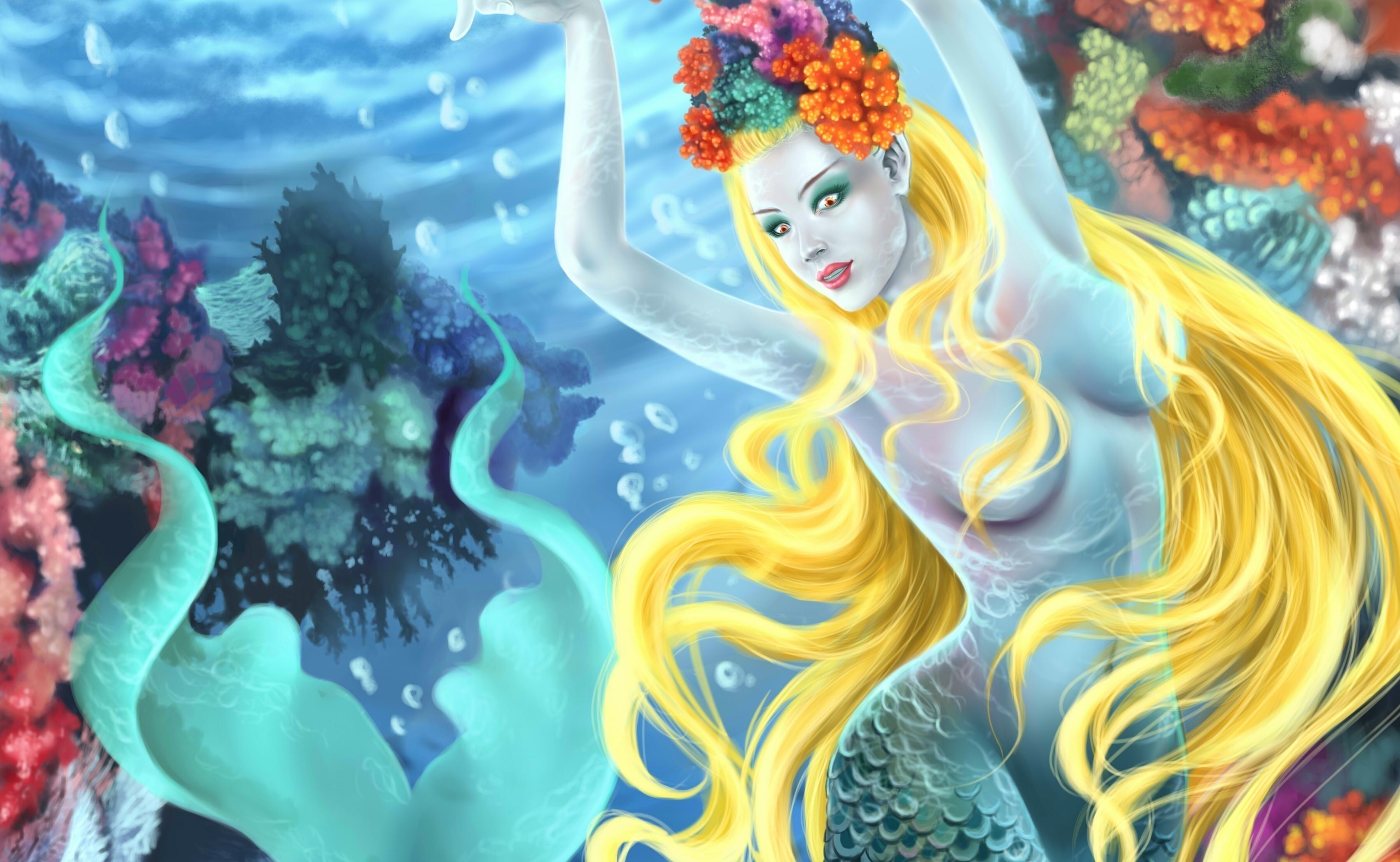 Sirena, Capelli biondi, Corallo, Fantasy, 2K, sfondo Windows 11
