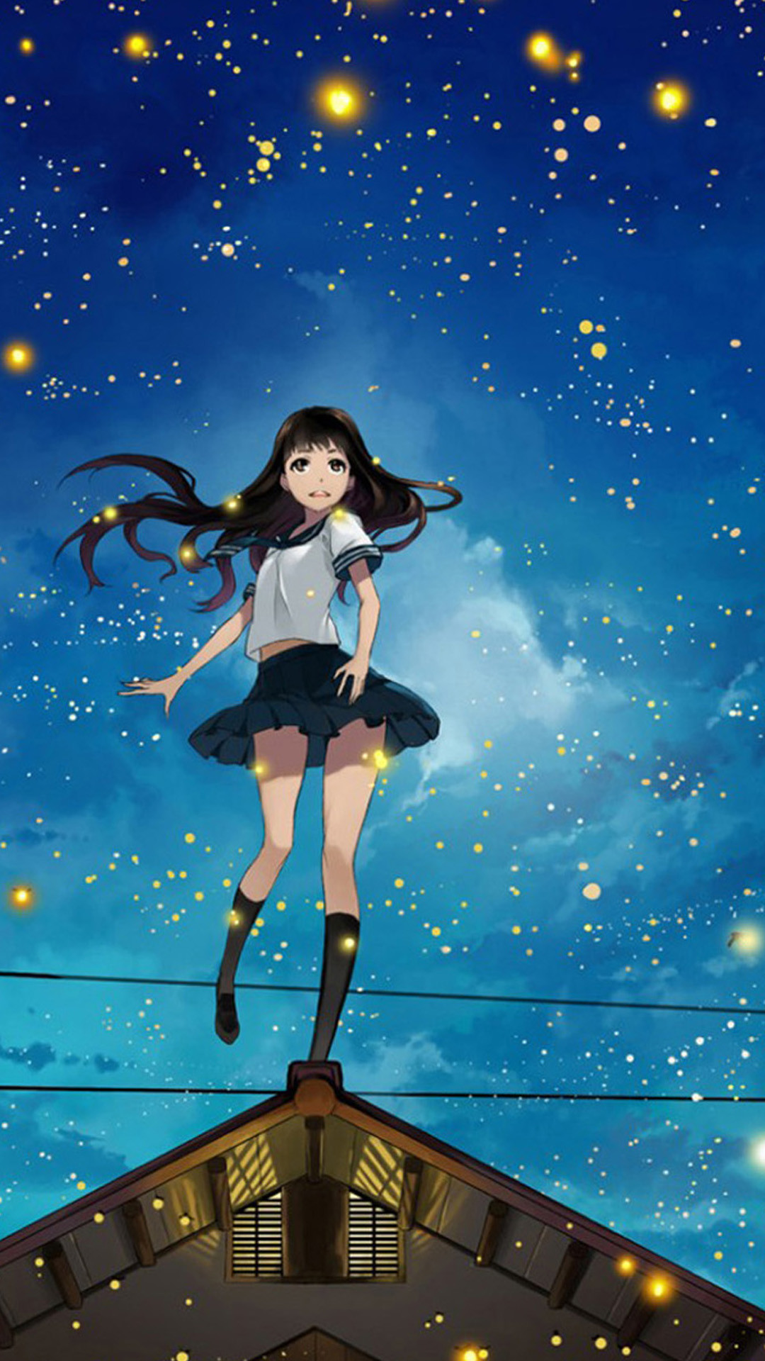 Ragazza anime, Cielo stellato, Barca, Illustrazione, Full HD, sfondo iPhone