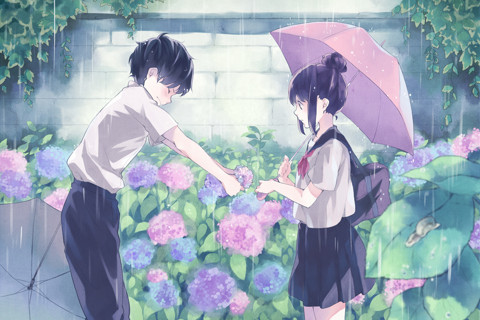 Coppia anime, Ombrello, Ortensie, Pioggia, Kawaii, Full HD, sfondo desktop