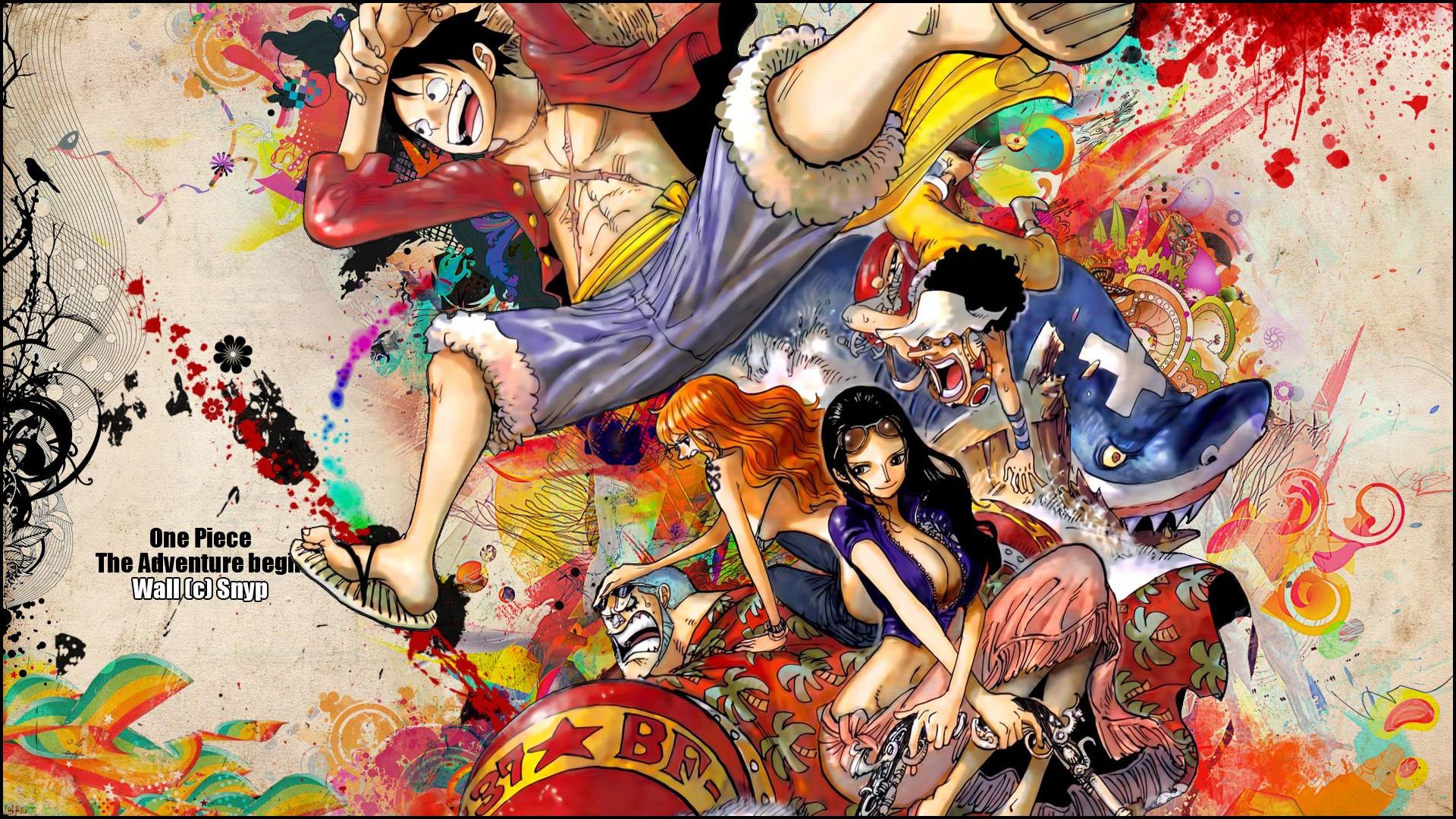 Monkey D. Luffy, Nico Robin, One Piece, Schizzi di colore, Full HD 1080p, sfondo desktop