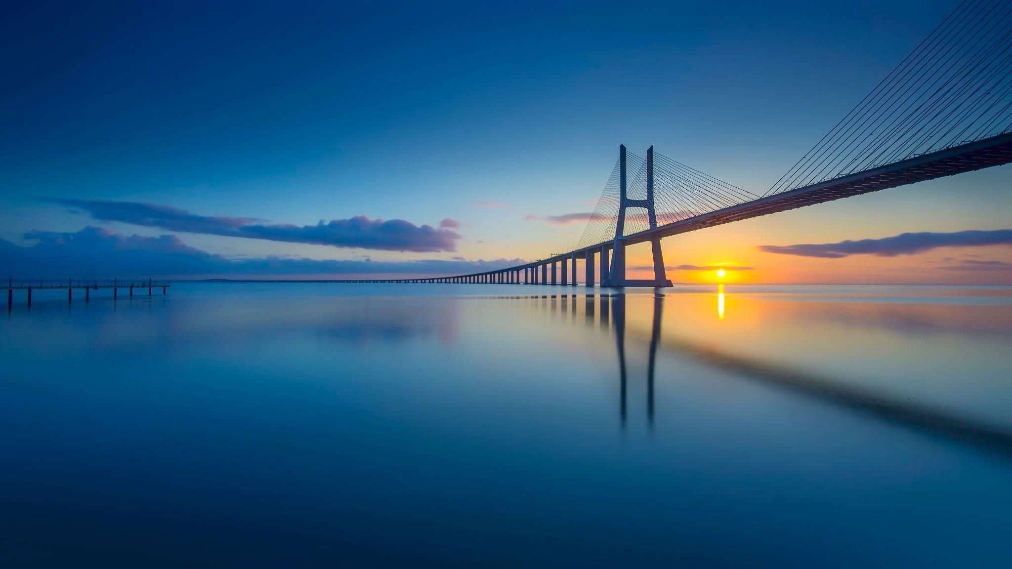 Ponte Vasco da Gama, Lisbona, Portogallo, Tramonto, Ponte strallato, sfondo Full HD per PC