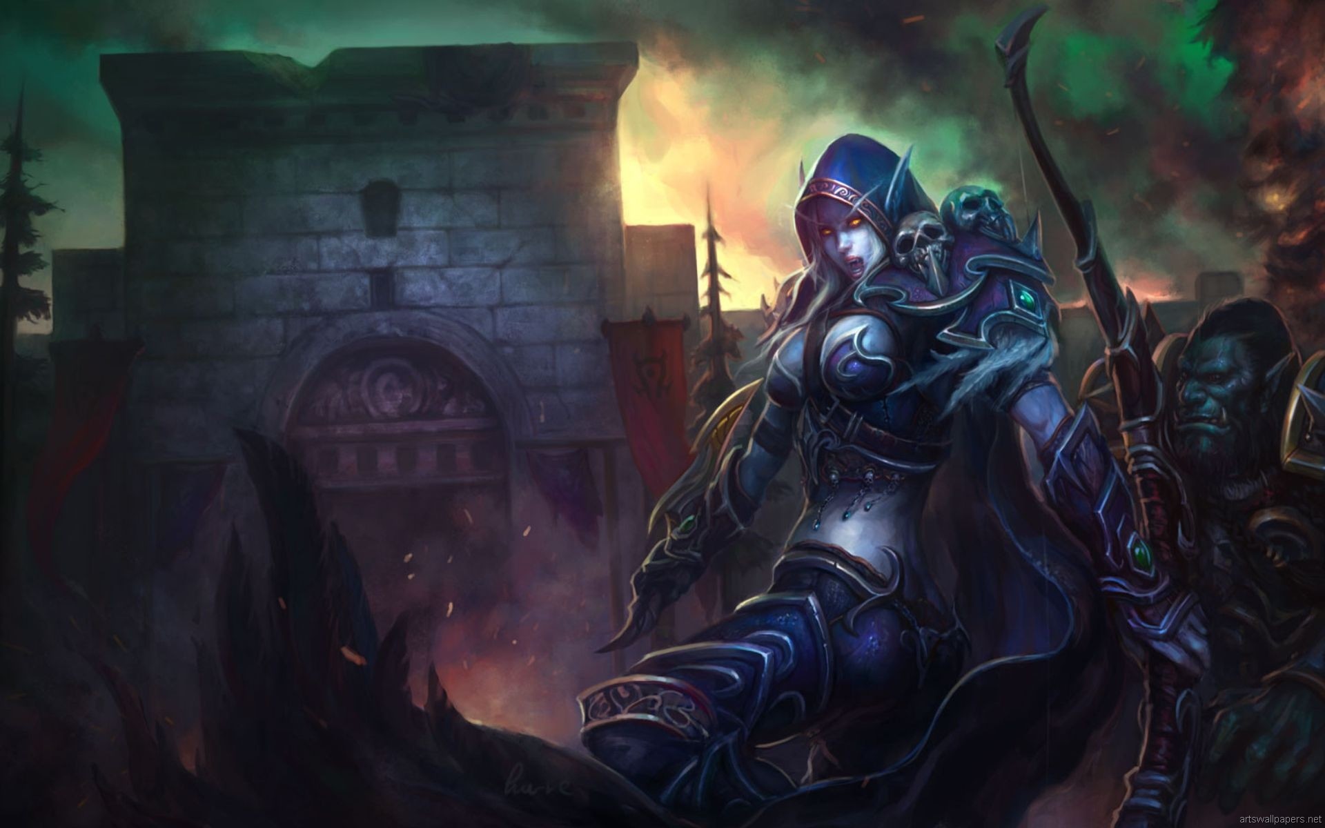 Sylvanas Ventolesto, World of Warcraft, Non morti, Arco, Notte, Full HD, wallpaper desktop