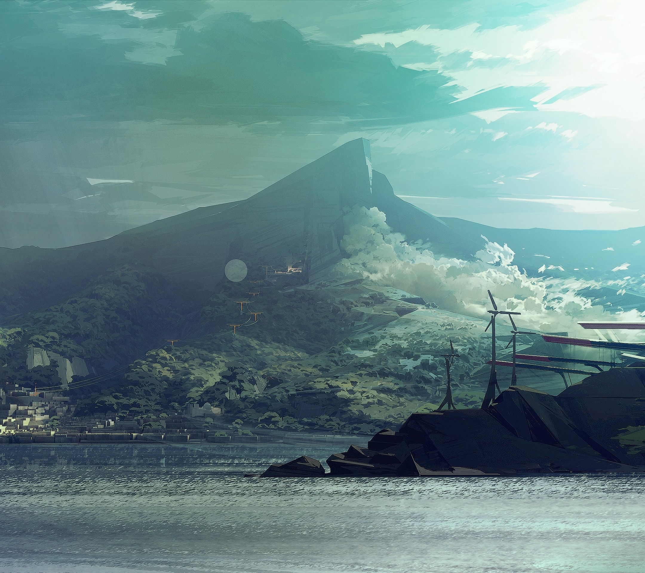 Karnaca, Dishonored 2, Montagna, Mare, Mulini a vento, Full HD, sfondo per iPad e tablet