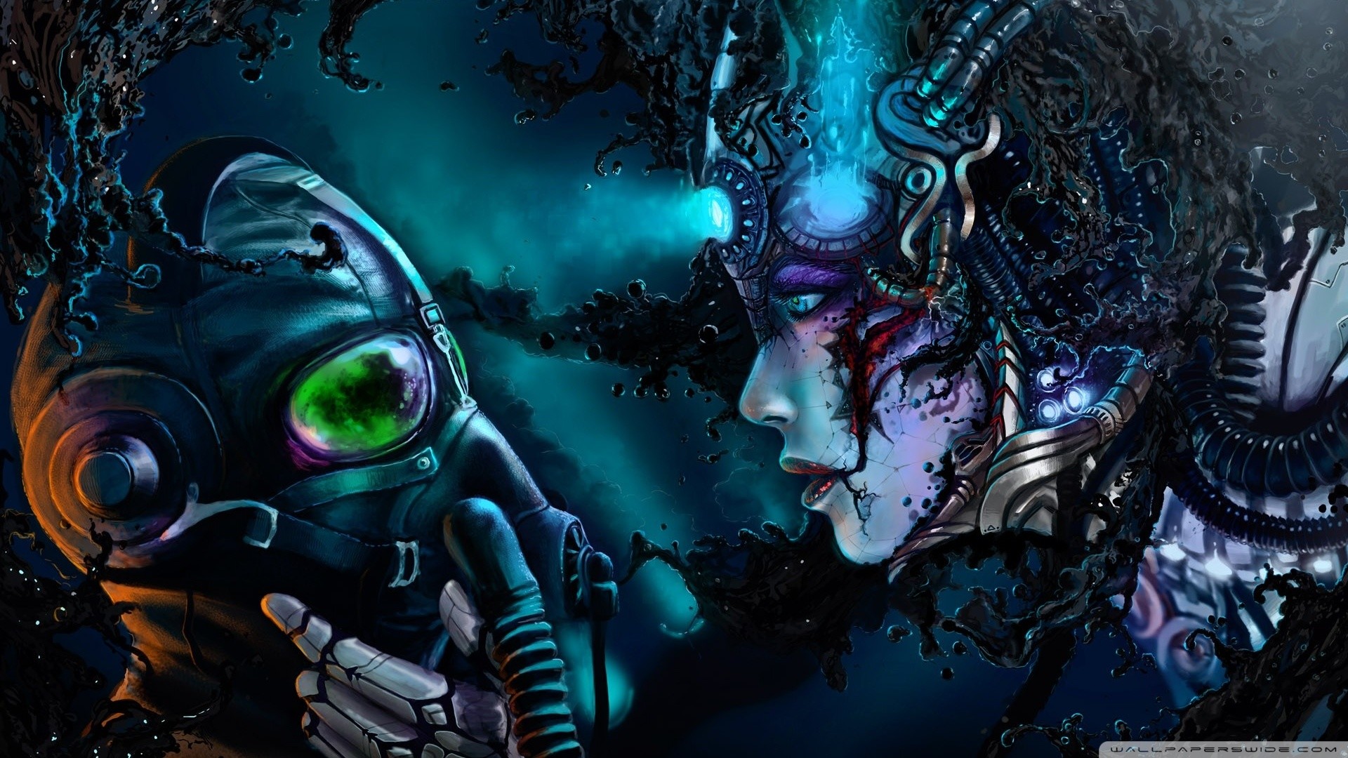 Cyborg, Maschera antigas, Volto femminile, Arte digitale, 1920x1080, immagine di sfondo