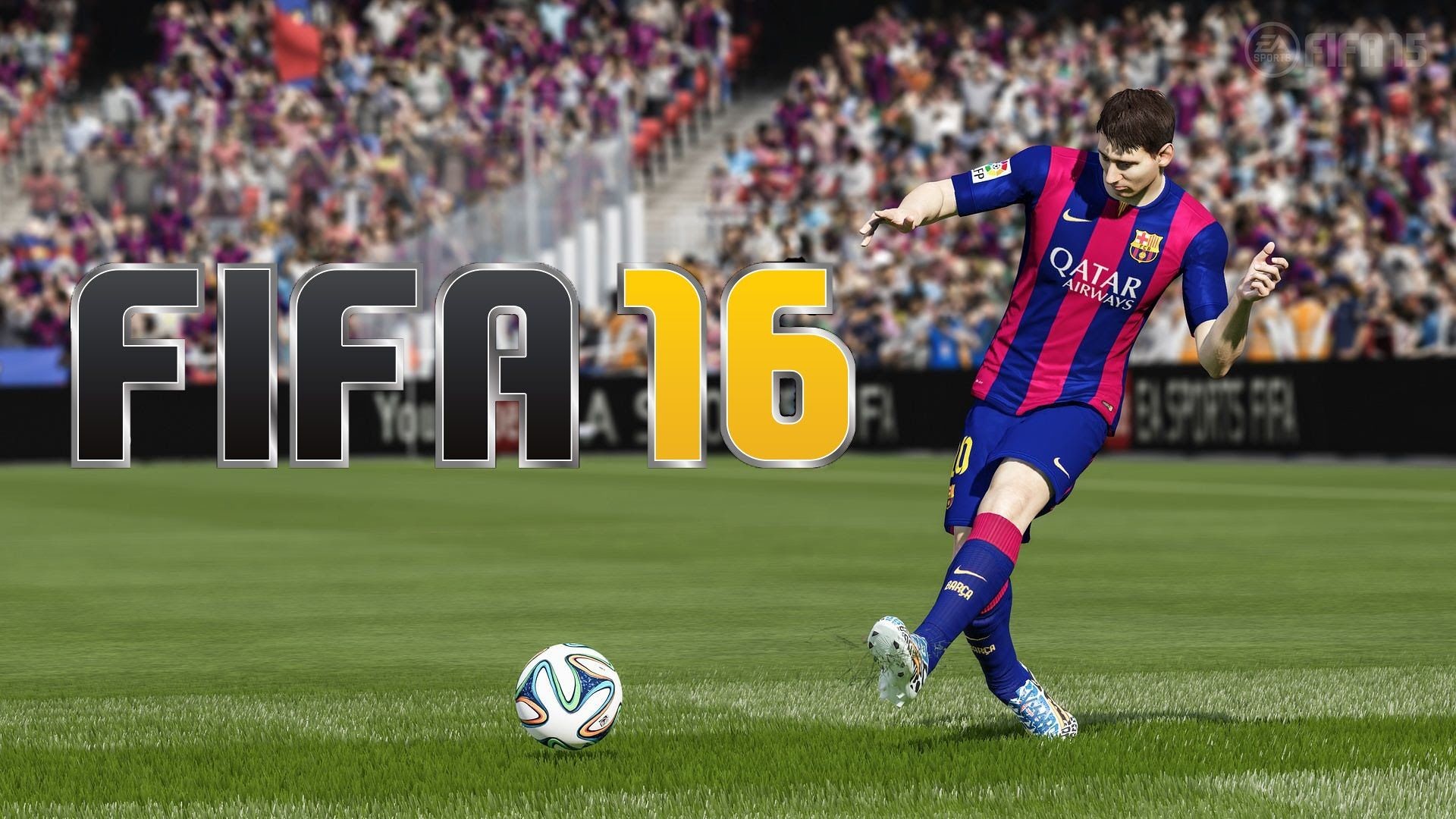 Lionel Messi, FIFA 16, FC Barcelona, Logo, Calcio, 16:9 Full HD, wallpaper widescreen