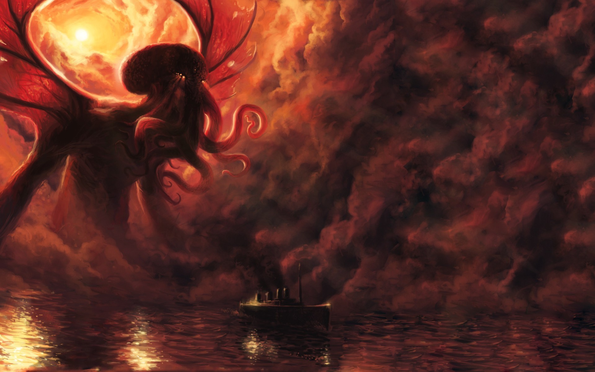 Cthulhu, Nave, Cielo rosso, Mare, 16:10 Full HD, wallpaper widescreen