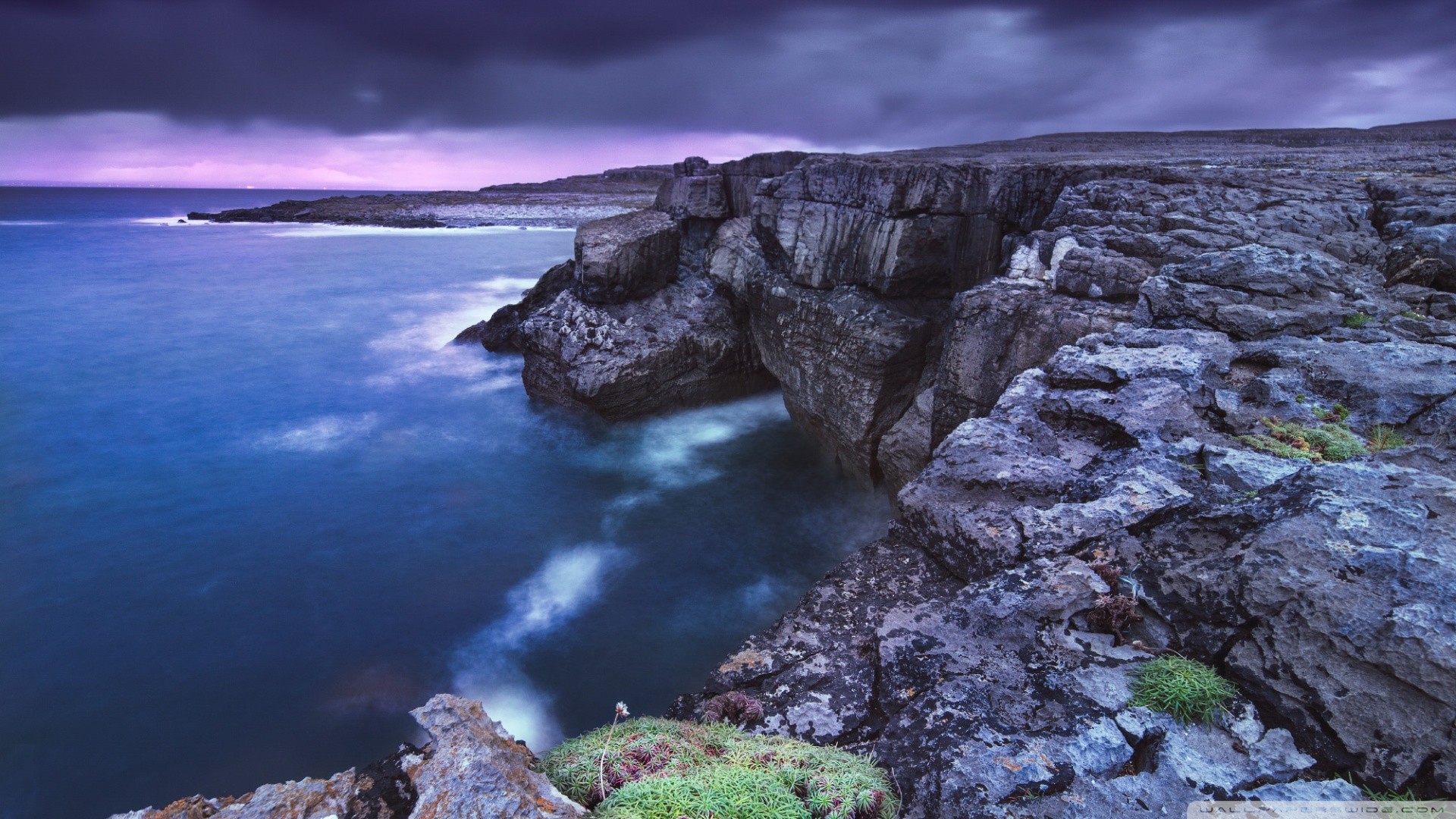 Scogliere, Oceano, Crepuscolo, 16:9 Full HD, sfondo widescreen