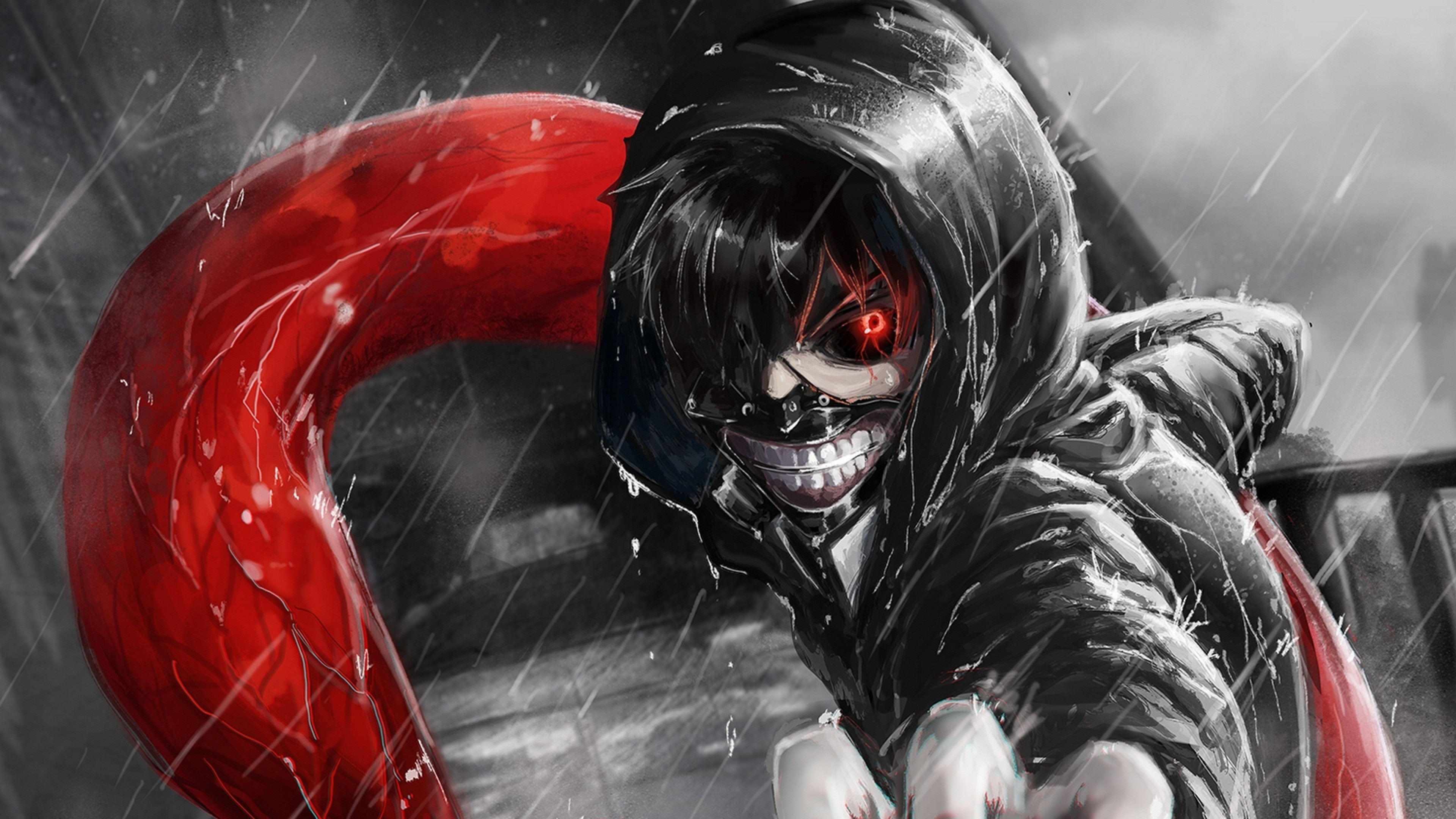 Ken Kaneki, Tokyo Ghoul, Kagune, Cappuccio, Pioggia, 4K, sfondo per PC
