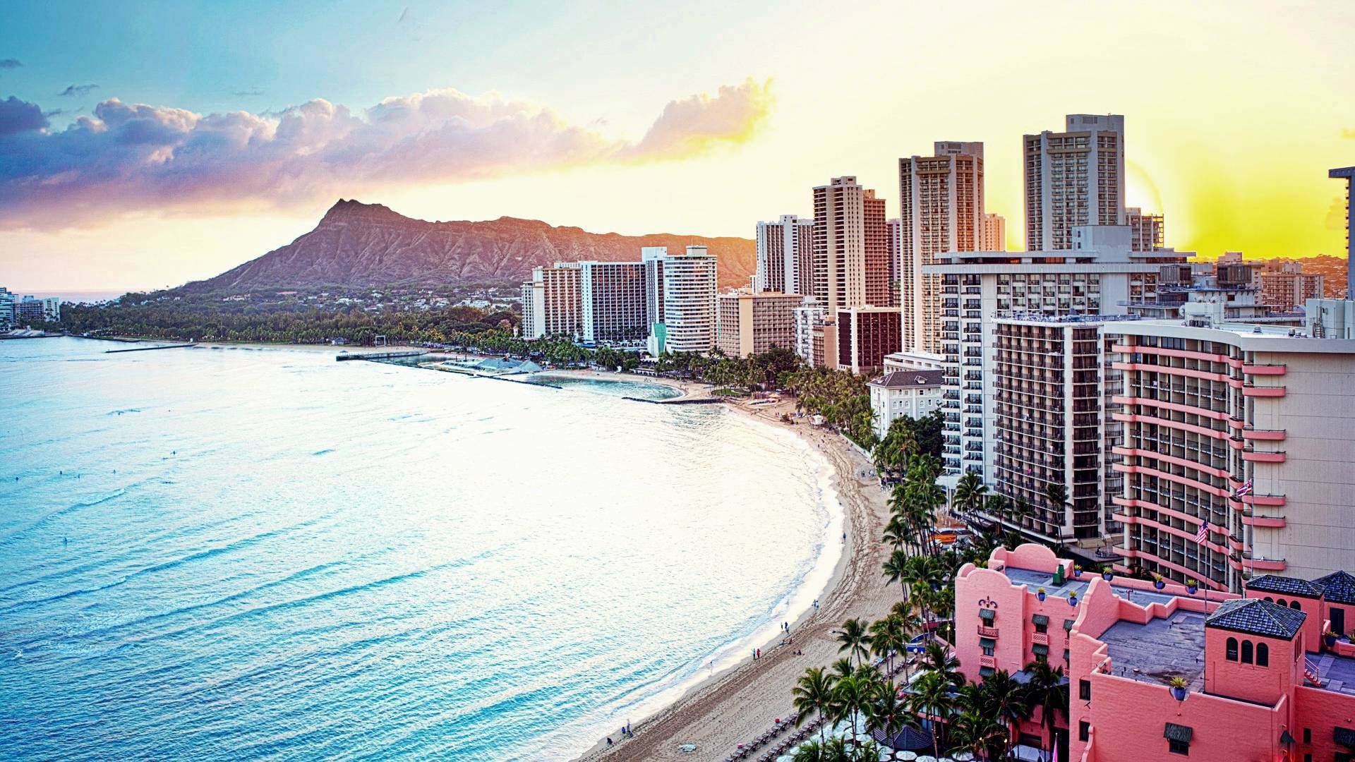 Waikiki Beach, Diamond Head, Honolulu, Hawaii, Hotel, 16:9 Full HD, sfondo widescreen
