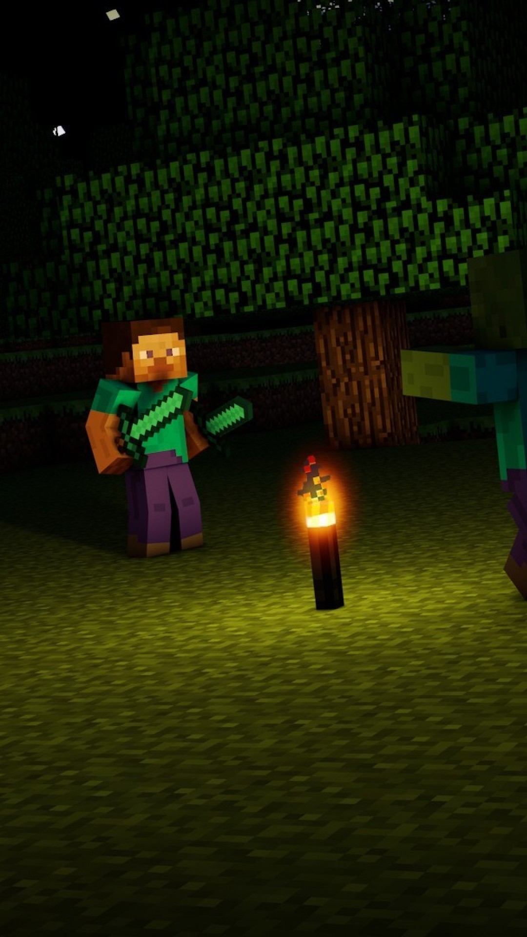 Minecraft, Steve, Torcia, Notte, Foresta, wallpaper per iPhone e Android