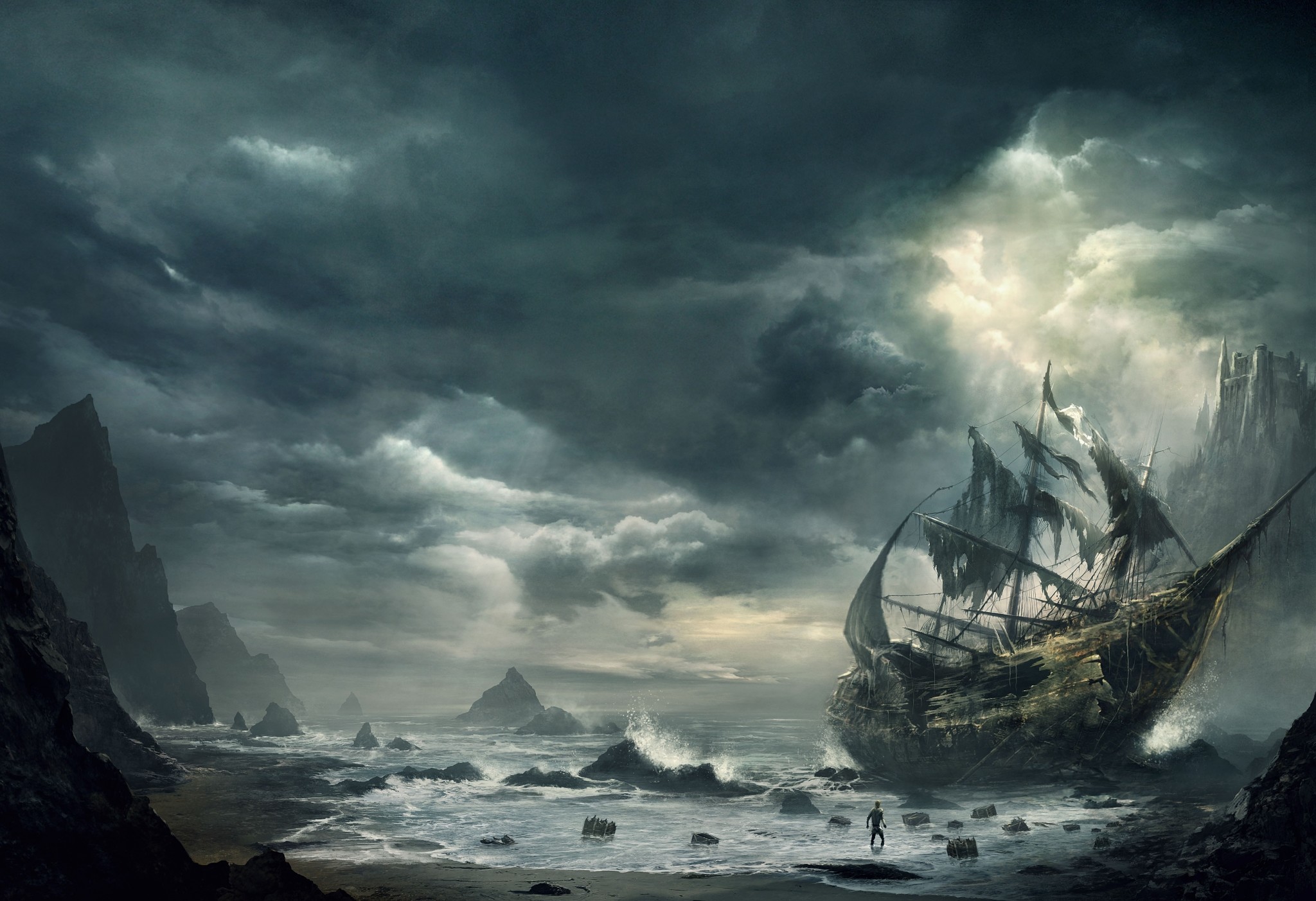 Nave pirata, Naufragio, Tempesta, Scogli, Mare, Full HD, sfondo per PC e portatile