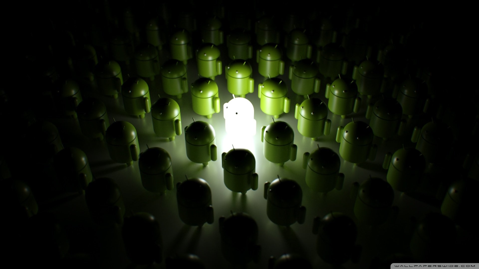Android, Folla di robot, Luce, Arte 3D, 1920x1080, immagine di sfondo
