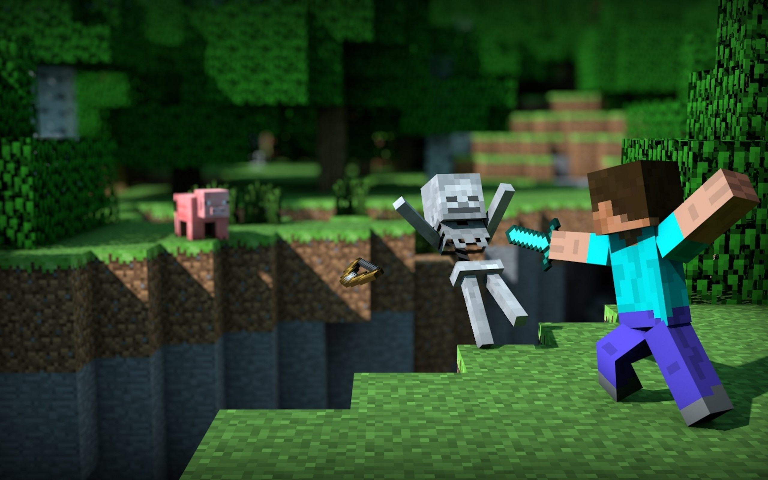 Steve, Scheletro, Maiale, Minecraft, Combattimento, 2560x1600, sfondo per PC