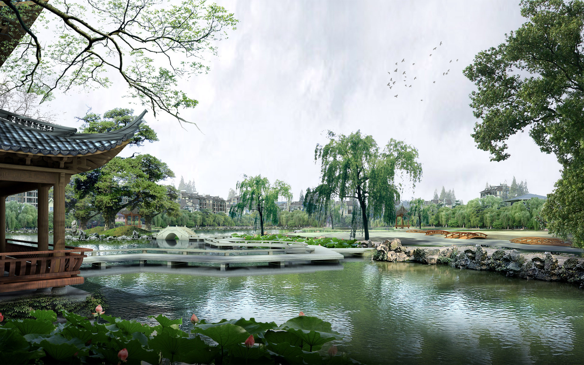 Giardino cinese, Padiglione, Laghetto, Salici, 1920x1200, sfondo per PC