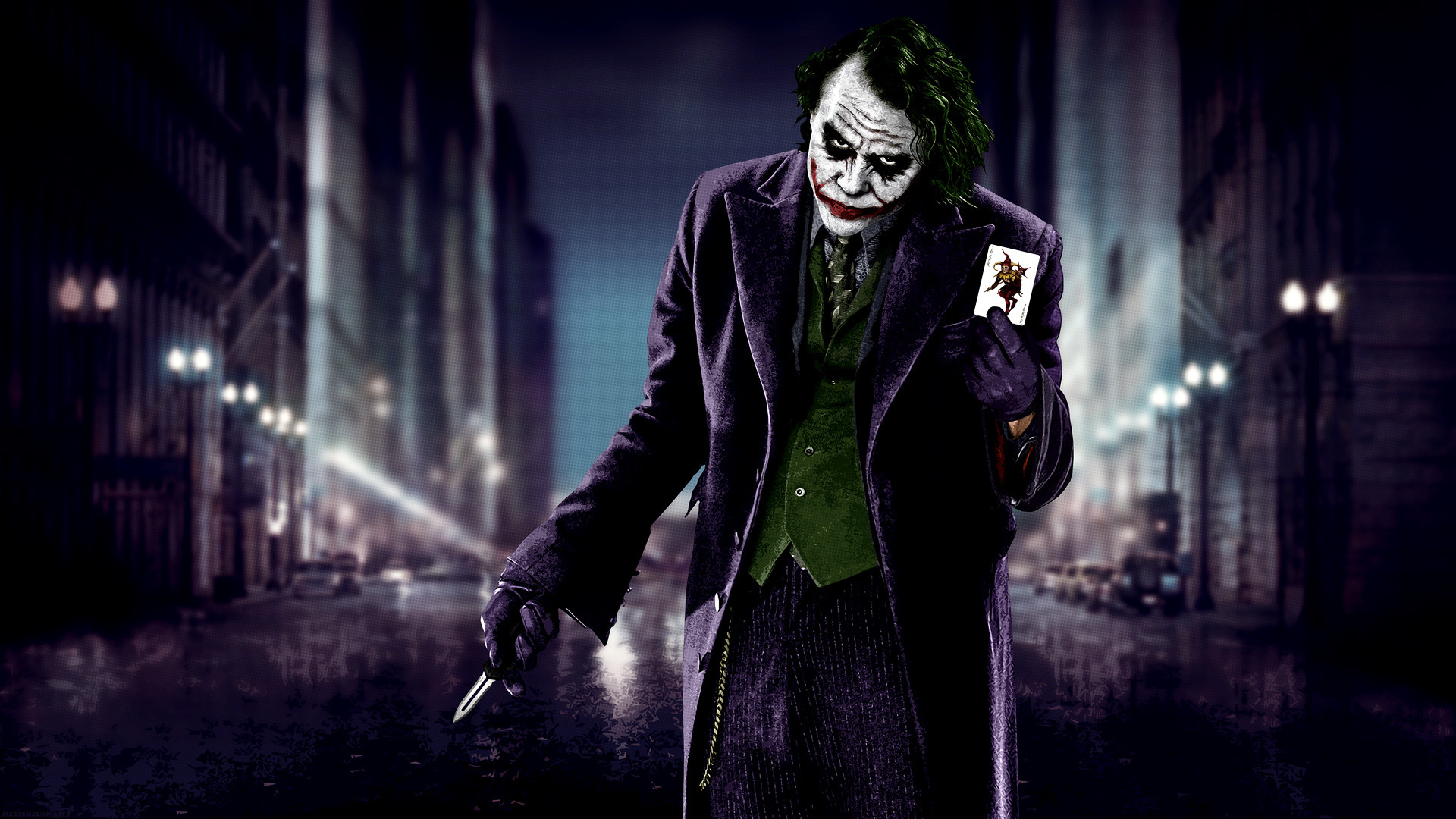 Joker, Heath Ledger, Il cavaliere oscuro, Gotham City, Notte, Carta da gioco, sfondo 1080p