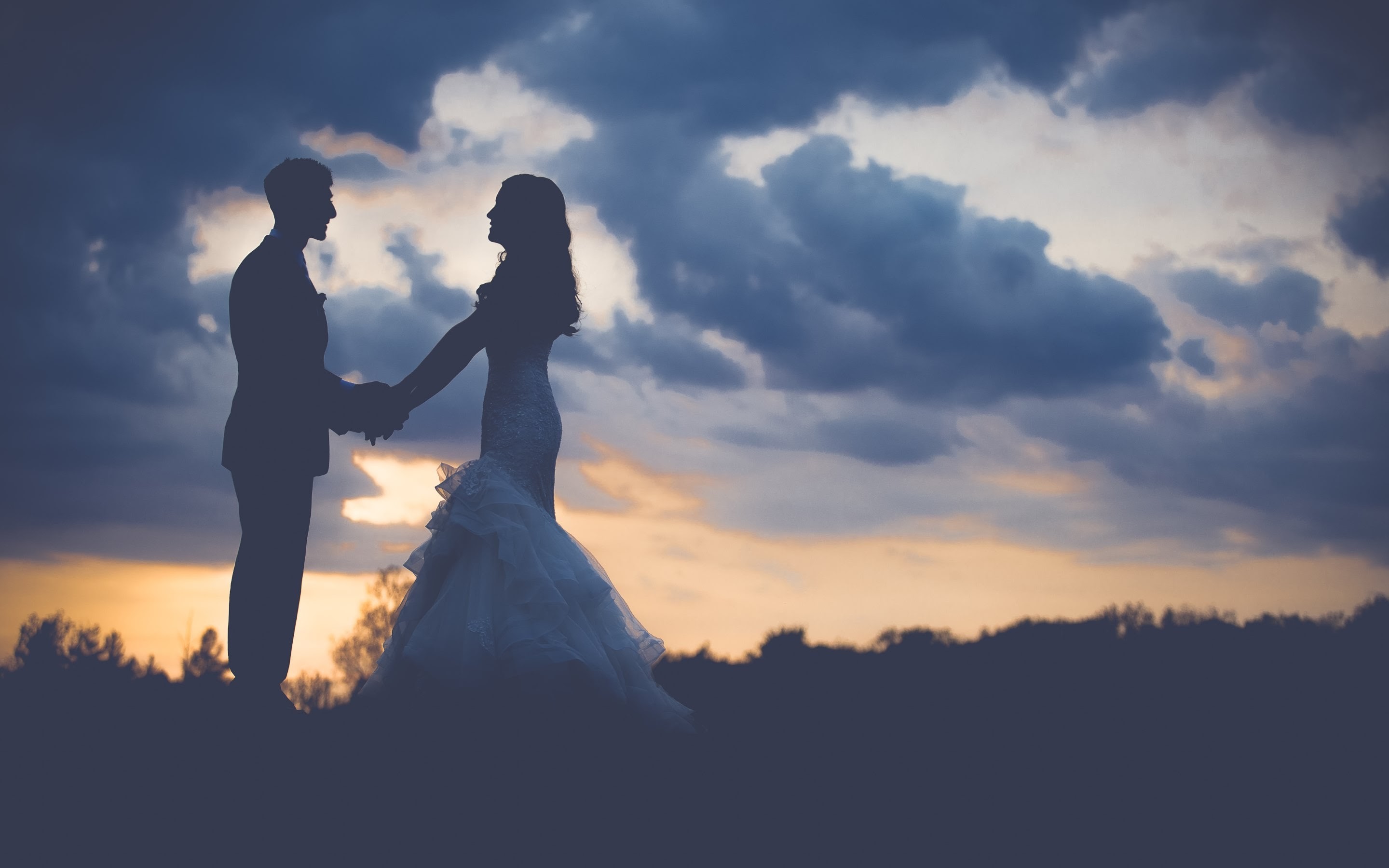 Sposi, Silhouette, Tramonto, Nuvole, 2880x1800, immagine di sfondo