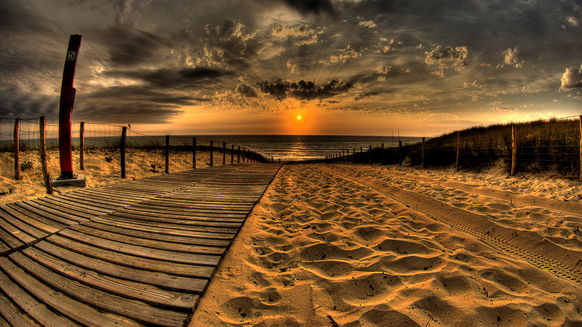 Passerella, Spiaggia, Sabbia, Tramonto, HDR, sfondo PC Full HD