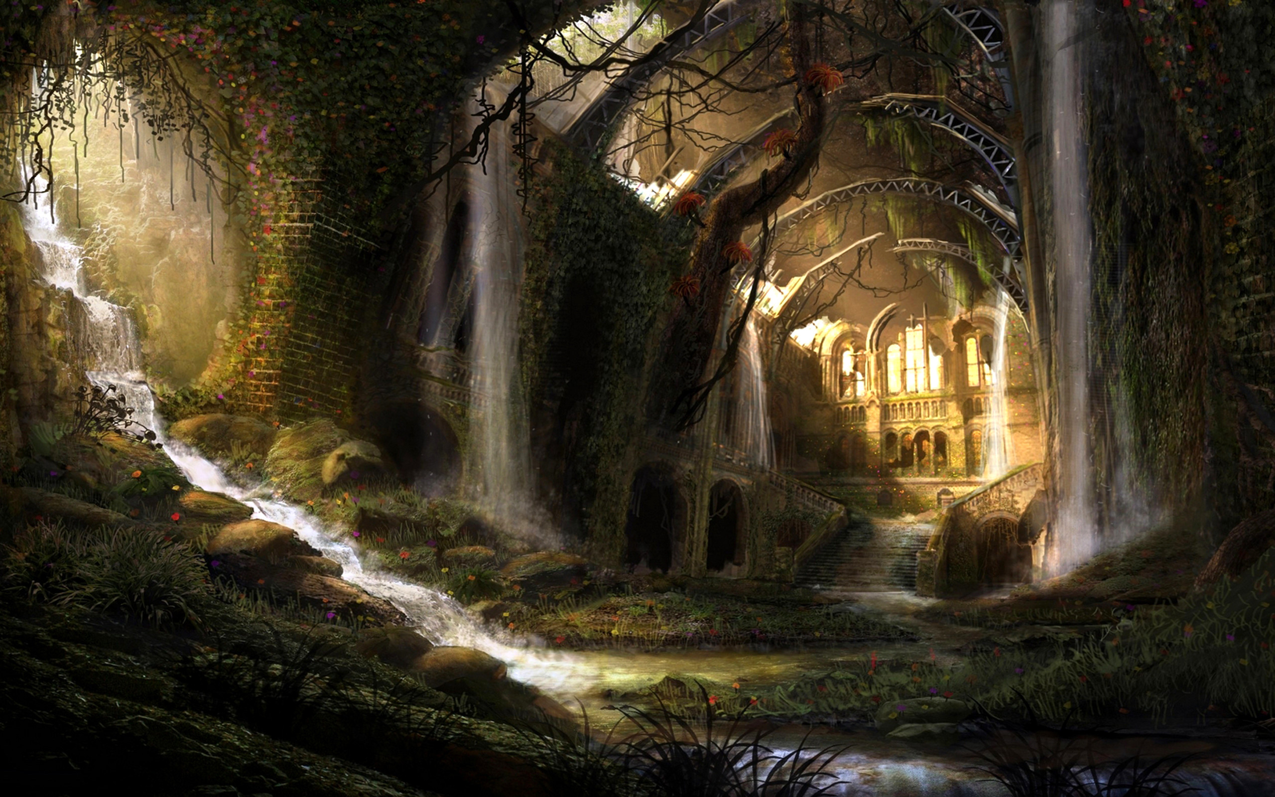 Paesaggio fantasy, Cascate, Rovine, Grotta, 2K, sfondo desktop