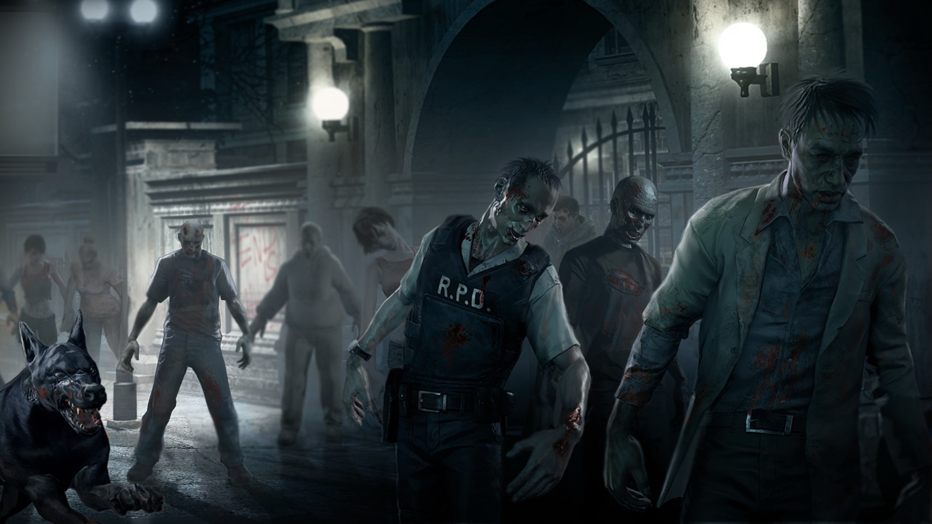 Zombi, Resident Evil 2, Raccoon City, Poliziotto zombi, Notte, Full HD, sfondo per portatile