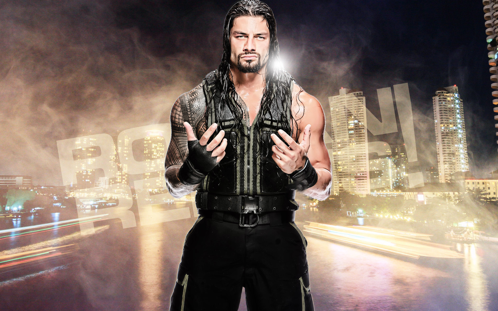 Roman Reigns, WWE, Città, Notte, Scritta, Full HD, sfondo Windows 11