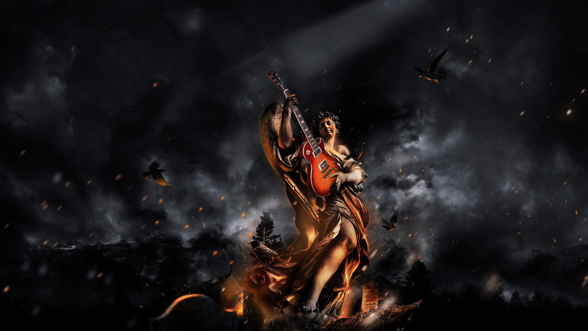 Chitarra elettrica, Chitarrista, Fiamme, Fumo, Arte fantasy, 1920x1080, immagine di sfondo