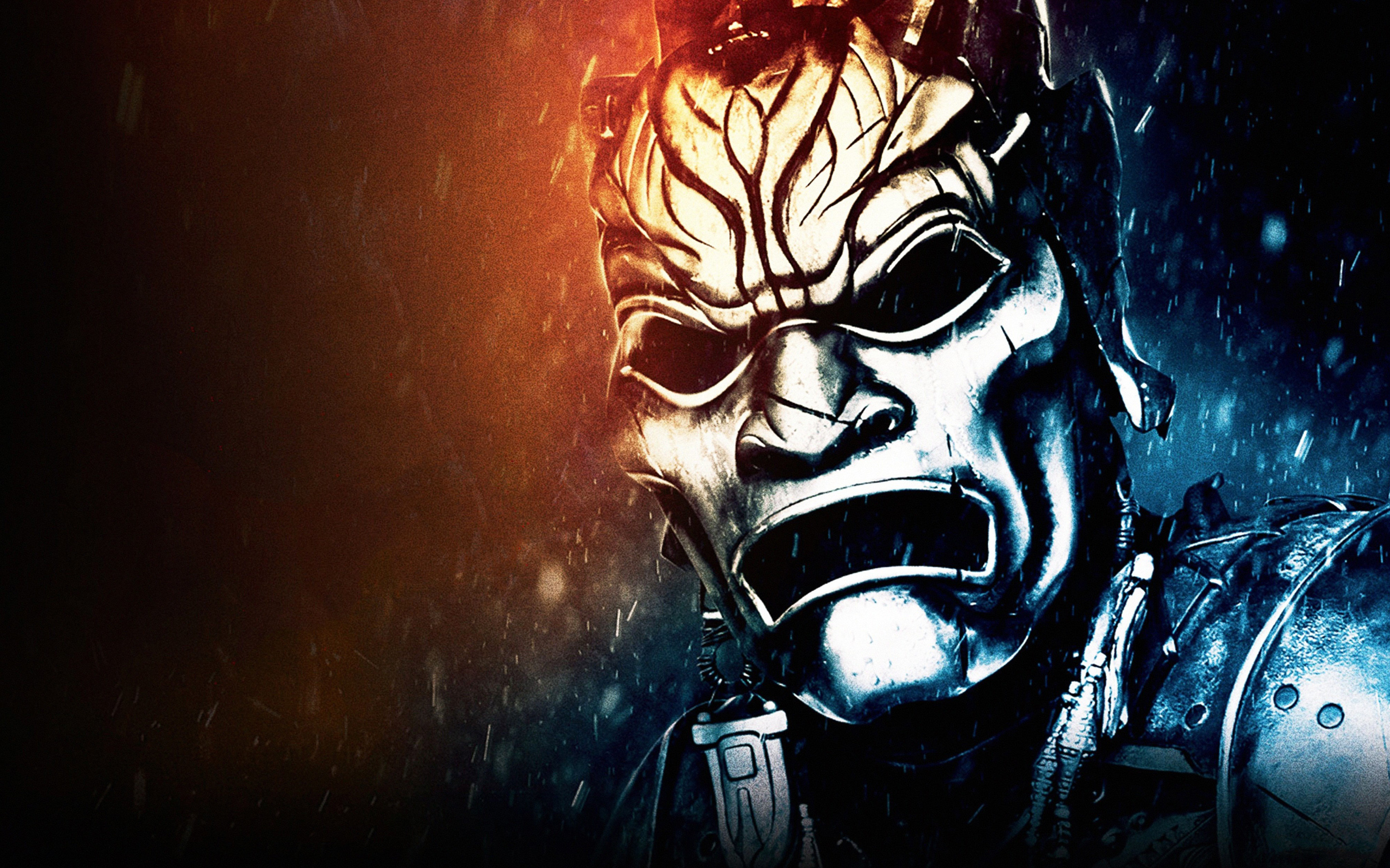 Maschera, Guerriero, Pioggia, Arte digitale, 2K, wallpaper desktop