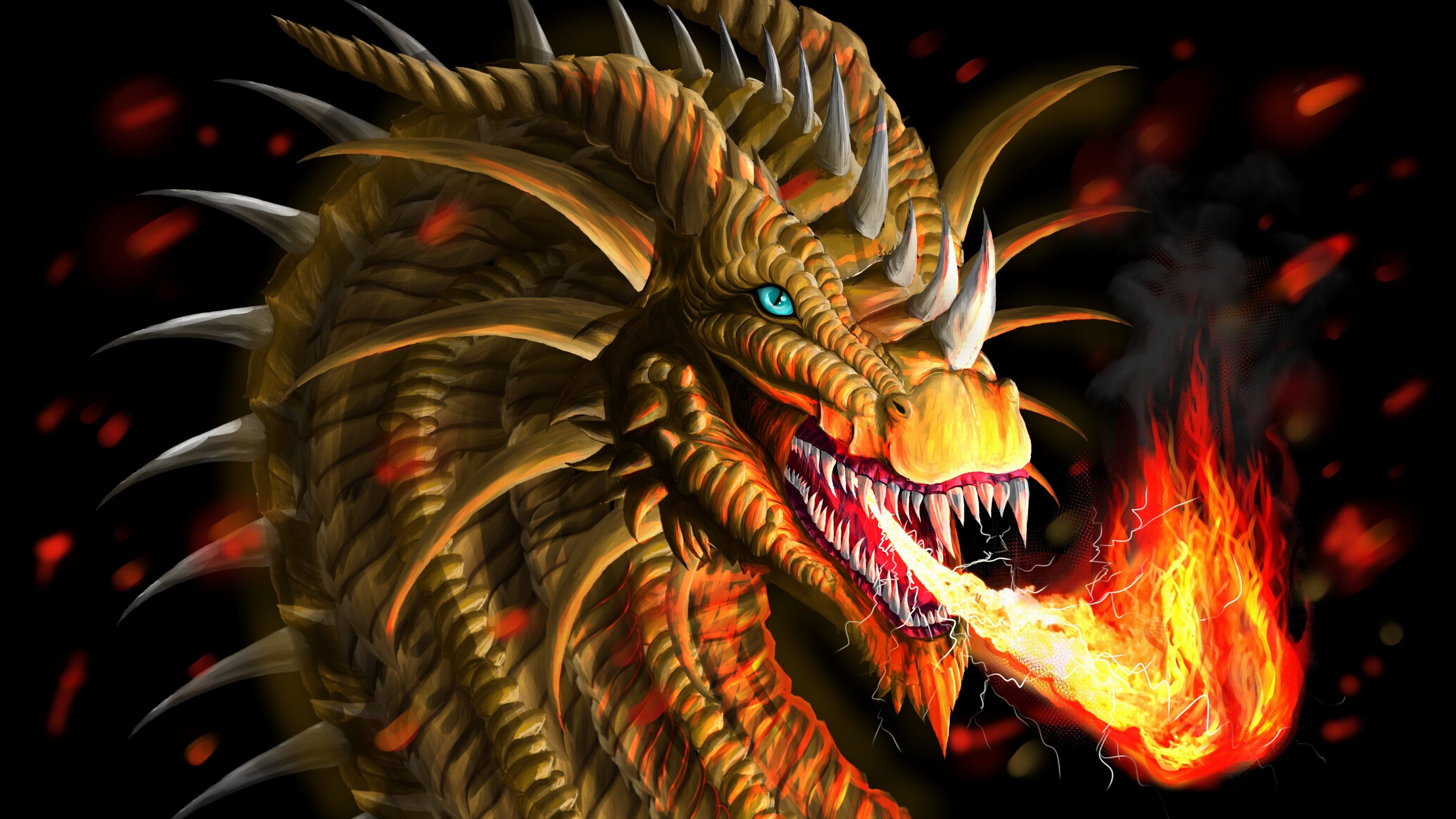 Drago, Soffio di fuoco, Fiamme, Oro, 16:9 4K, sfondo widescreen