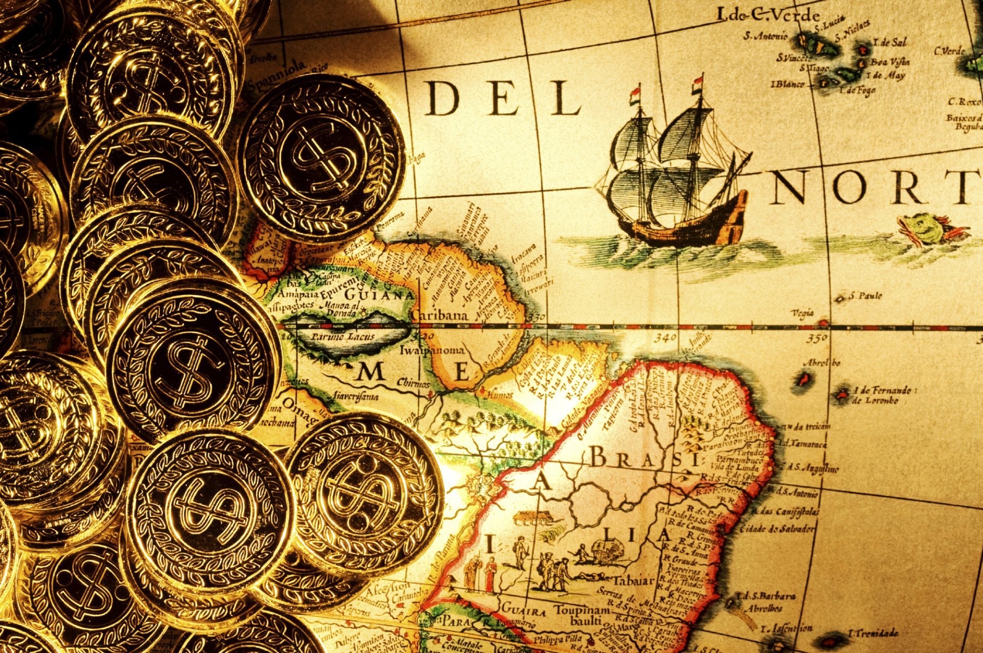 Tesoro, Monete d'oro, Mappa antica, Galeone, Full HD, wallpaper desktop