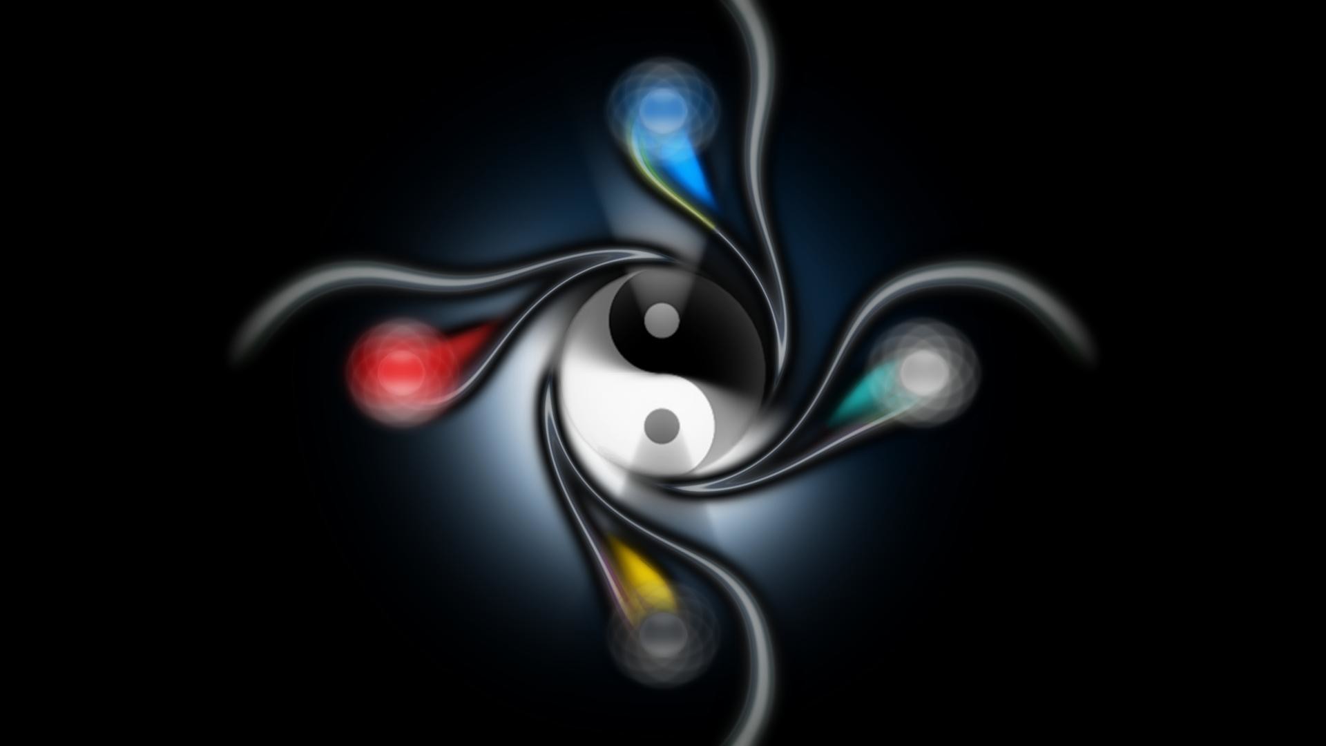 Yin e yang, Gocce colorate, Sfondo nero, 1920x1080, wallpaper desktop