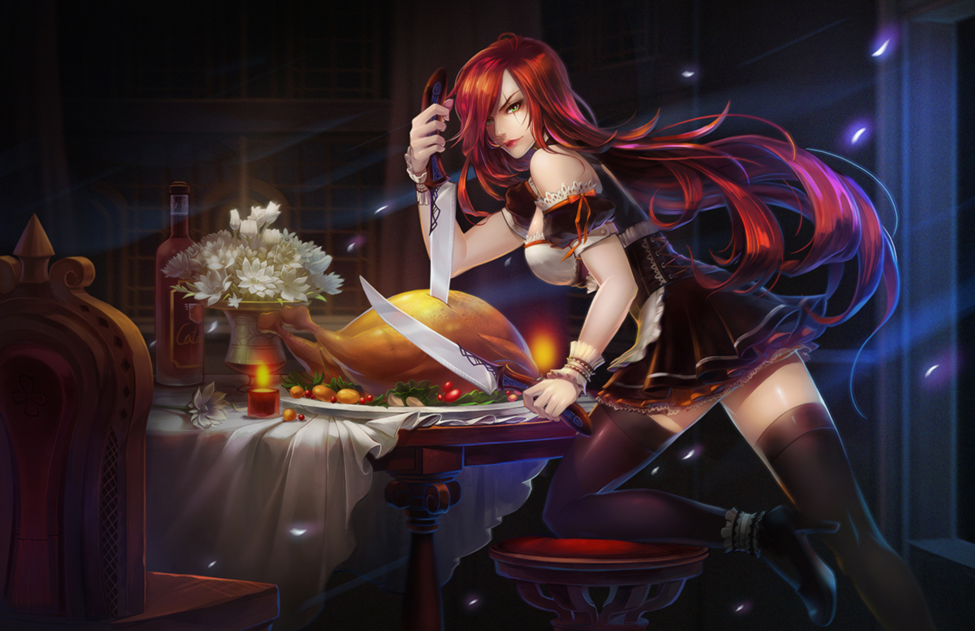 Katarina, League of Legends, Tavola imbandita, Coltello, Full HD, sfondo per portatile