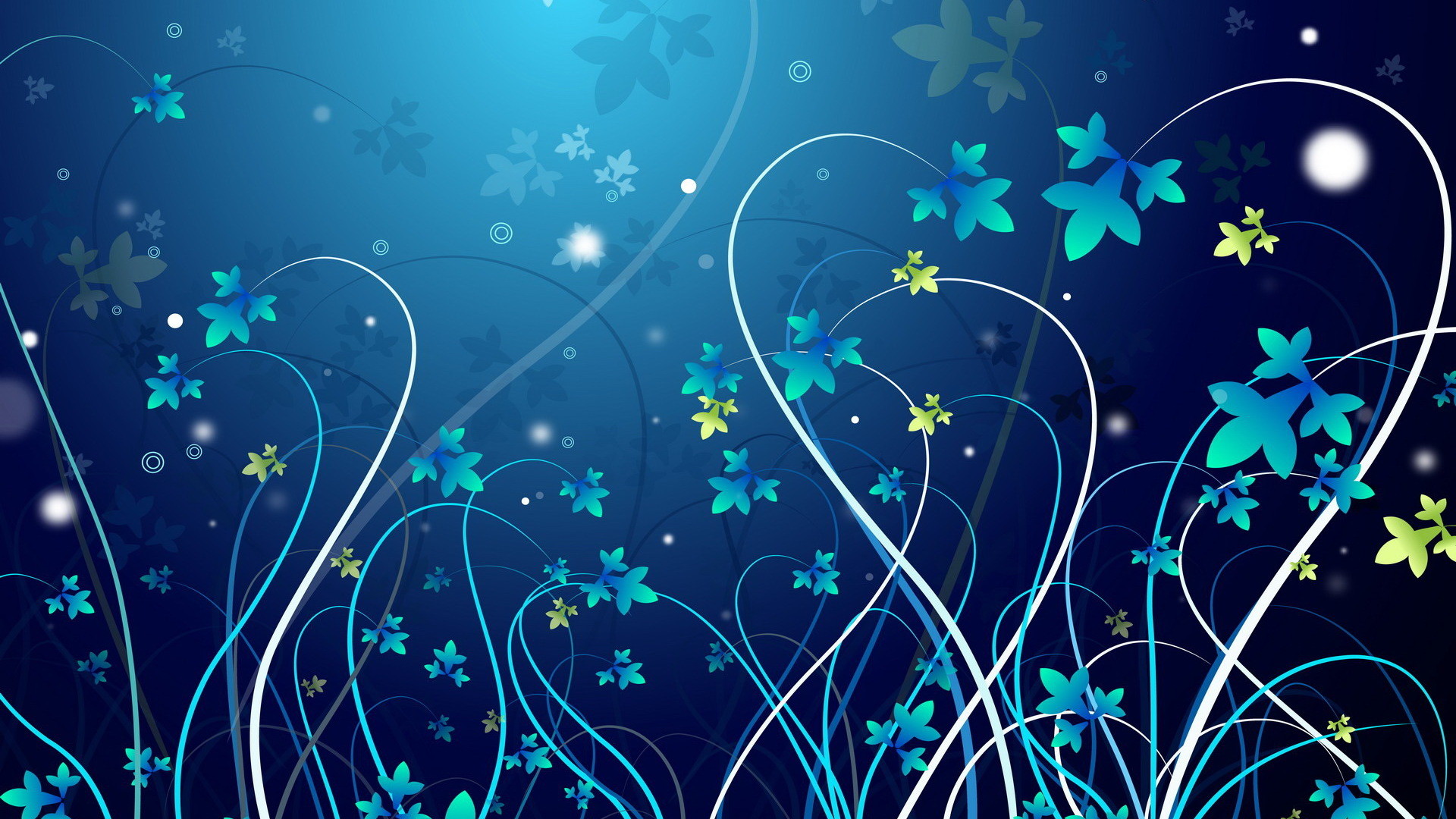 Fiori stilizzati, Sfondo blu, Arte vettoriale, Full HD, wallpaper desktop
