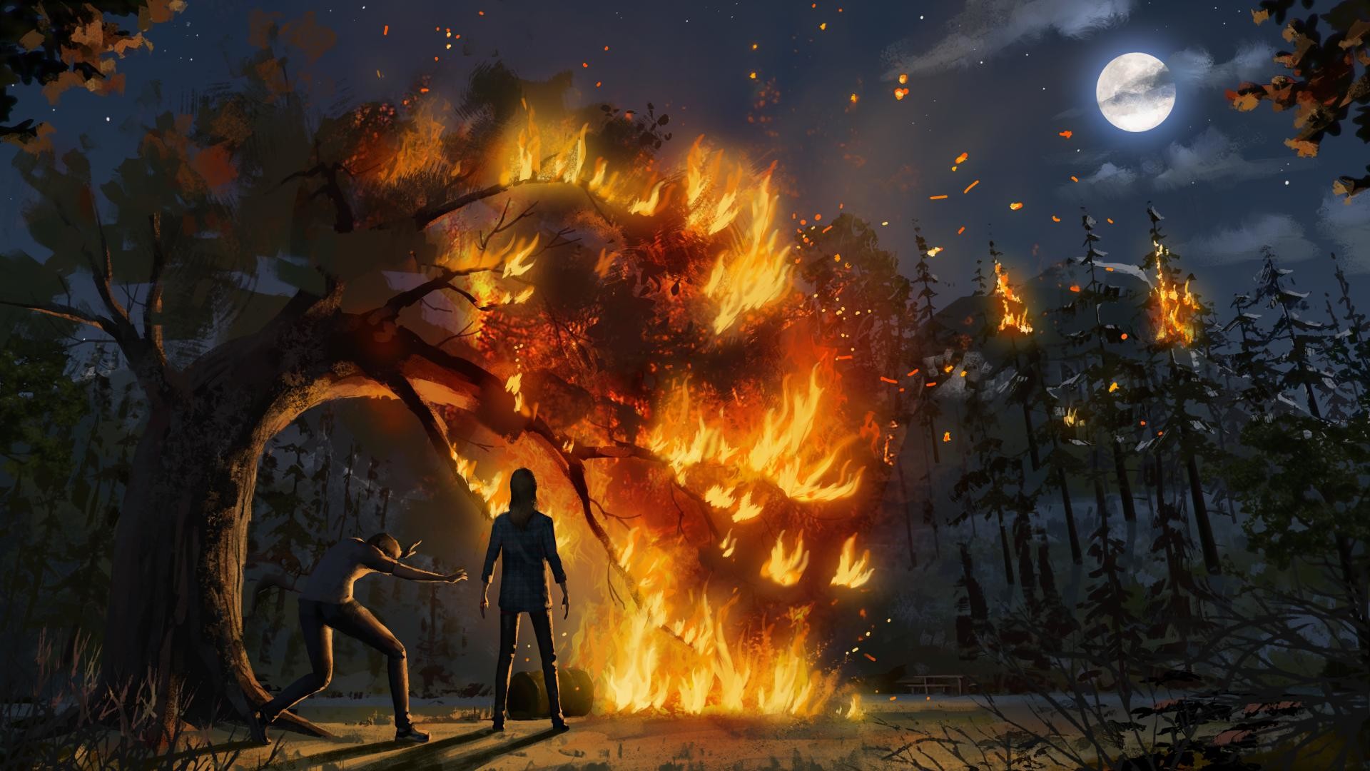 Rachel Amber, Chloe Price, Life is Strange, Albero in fiamme, Notte, sfondo Windows 11