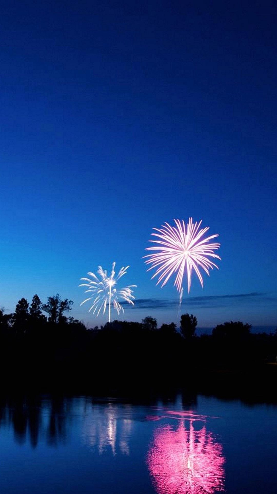 Fuochi d'artificio, Lago, Riflesso, Notte, Blu, sfondo per iPhone e Android