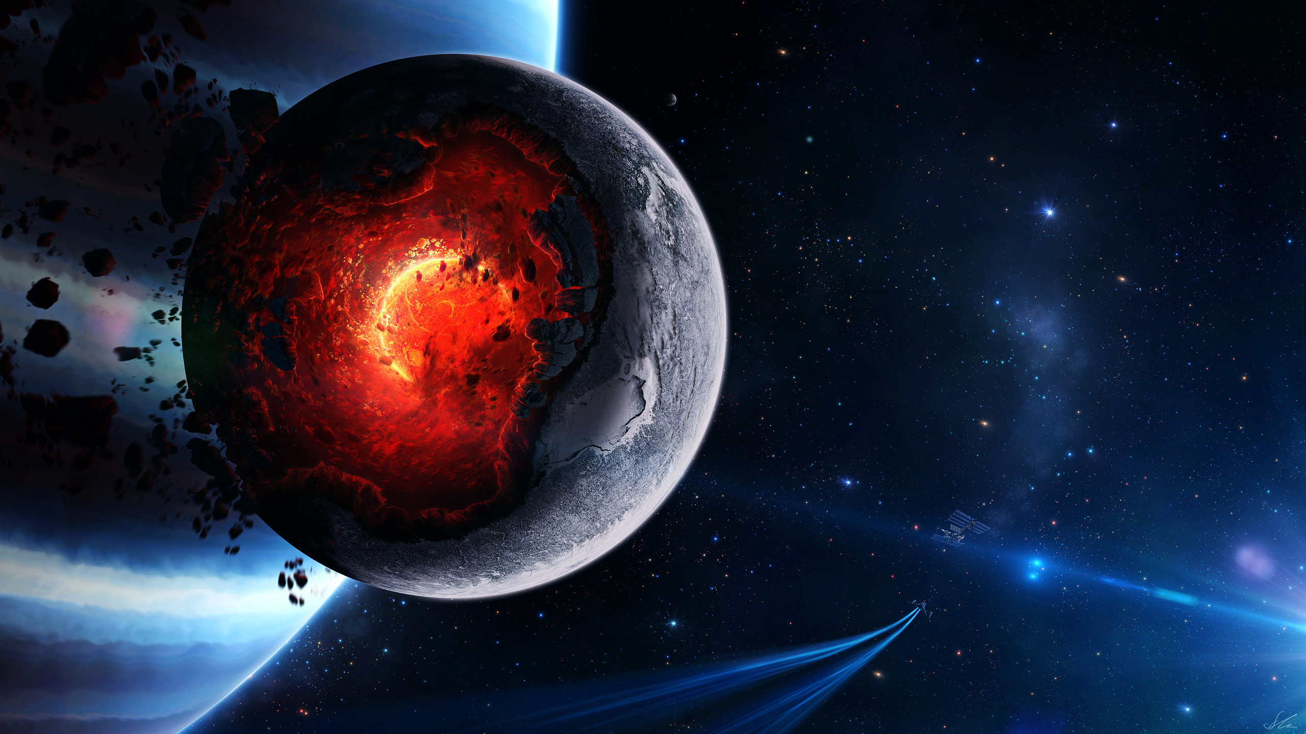 Pianeta distrutto, Lava, Asteroidi, Arte spaziale, 16:9 2K, sfondo widescreen