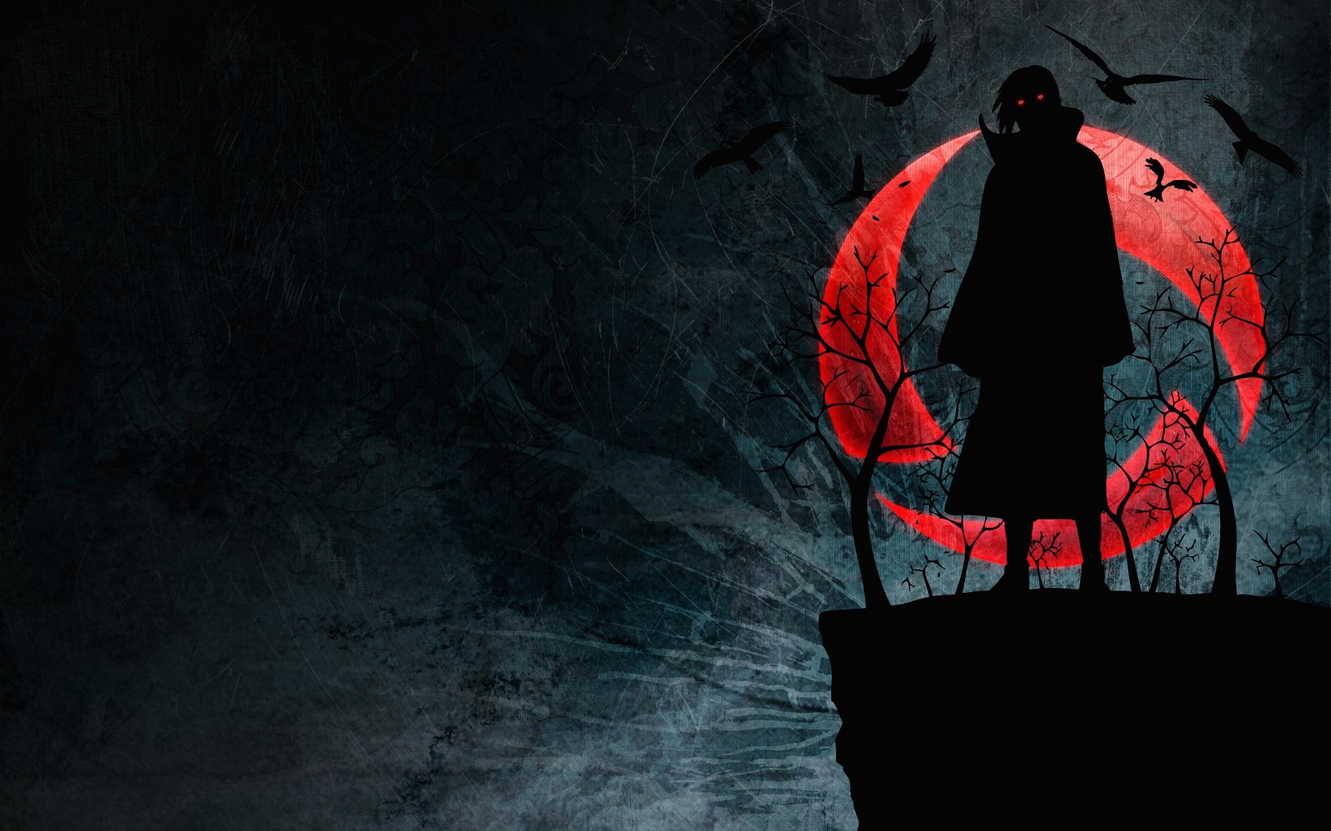 Itachi Uchiha, Naruto, Luna rossa, Corvi, Silhouette, Full HD, sfondo desktop