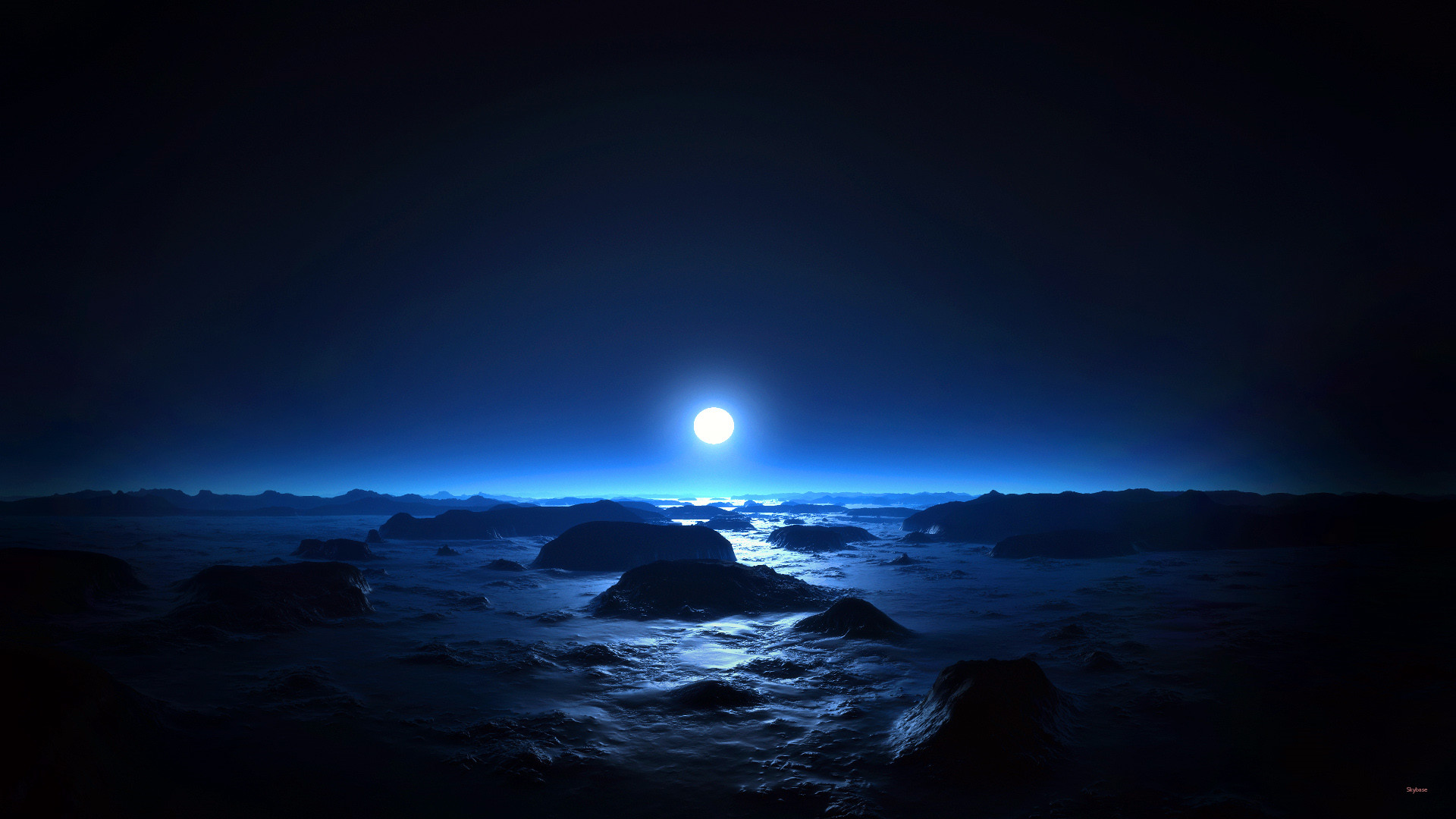 Luna, Mare, Notte, Scogli, Chiaro di luna, 16:9 Full HD, wallpaper widescreen