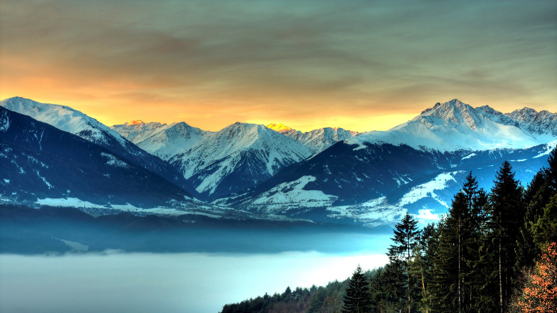 Montagne innevate, Lago, Pini, Tramonto, Full HD, sfondo desktop