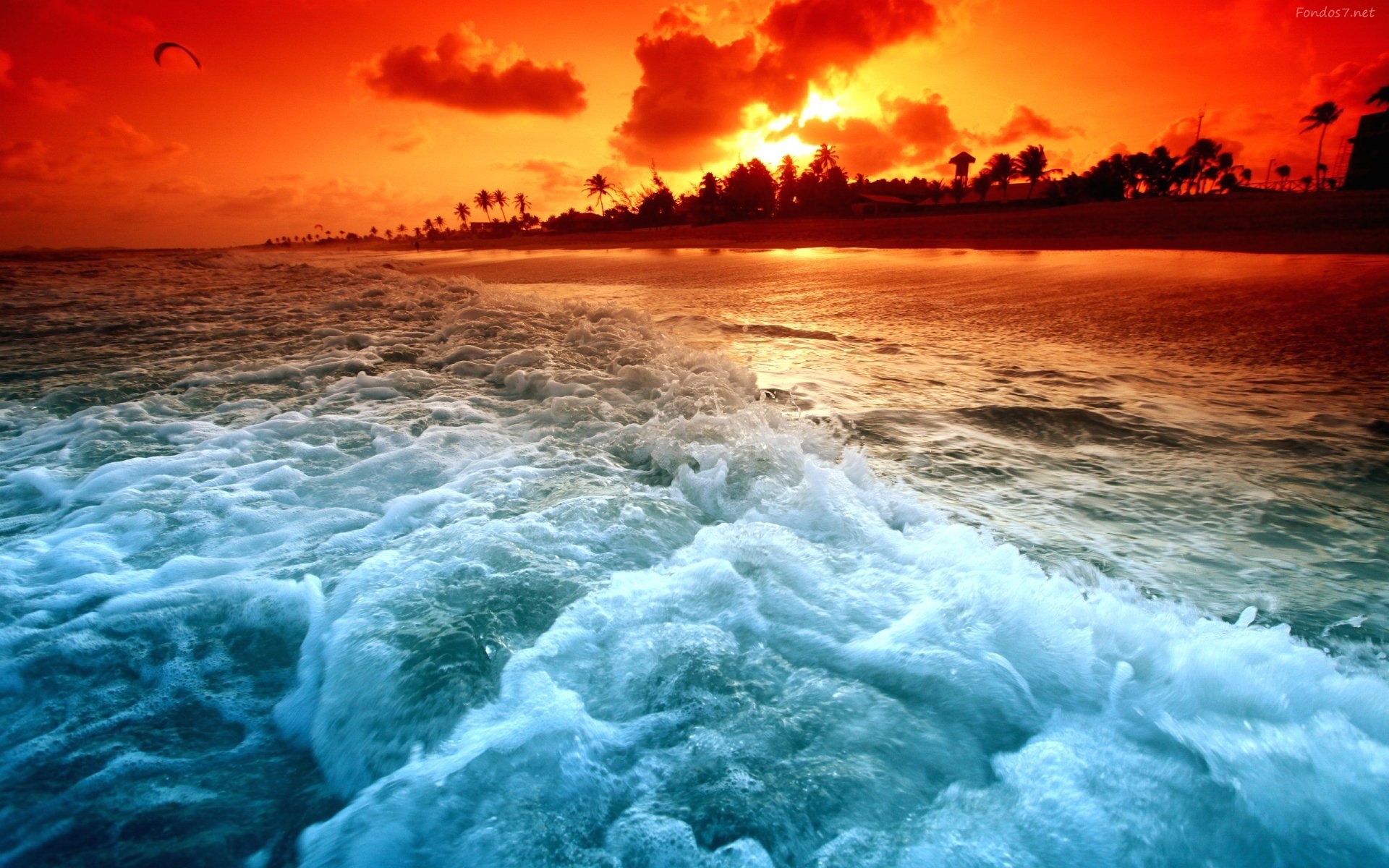 Tramonto, Onde, Spiaggia, Palme, Cielo rosso, 1920x1200, sfondo per PC