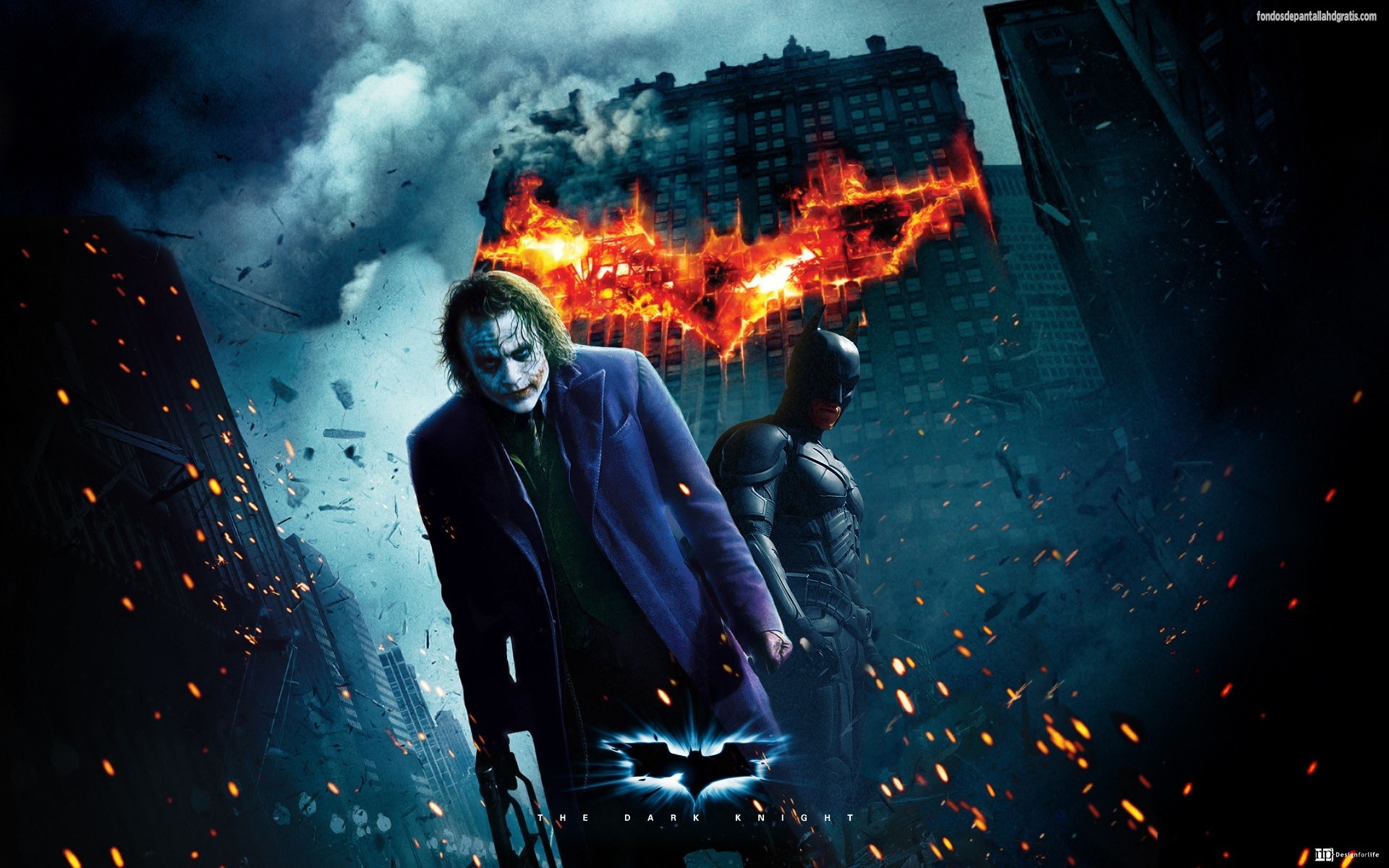 Joker, Batman, Il cavaliere oscuro, Logo di Batman in fiamme, Gotham City, sfondo Full HD per portatile