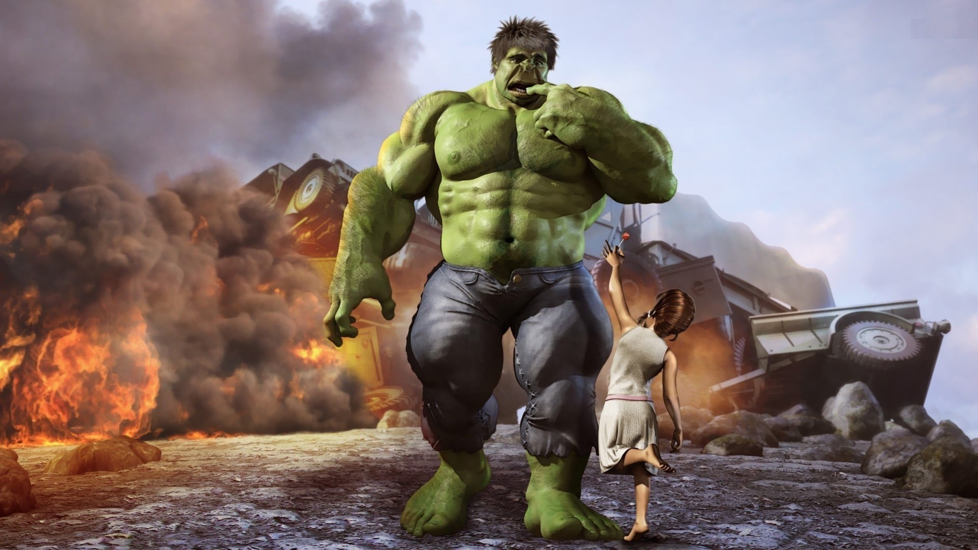 Hulk, Bambina, Arte digitale, Fuoco, Distruzione, 1920x1080, immagine di sfondo