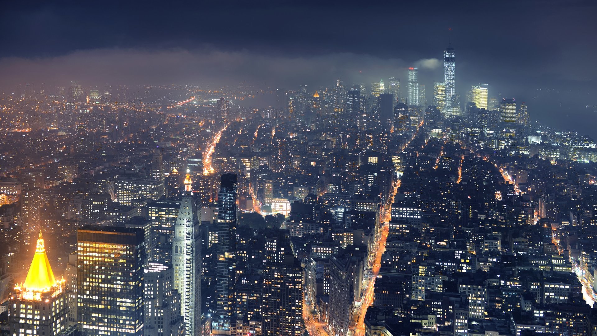 Manhattan, New York, Vista aerea, Nebbia, Notte, 1920x1080, sfondo per PC