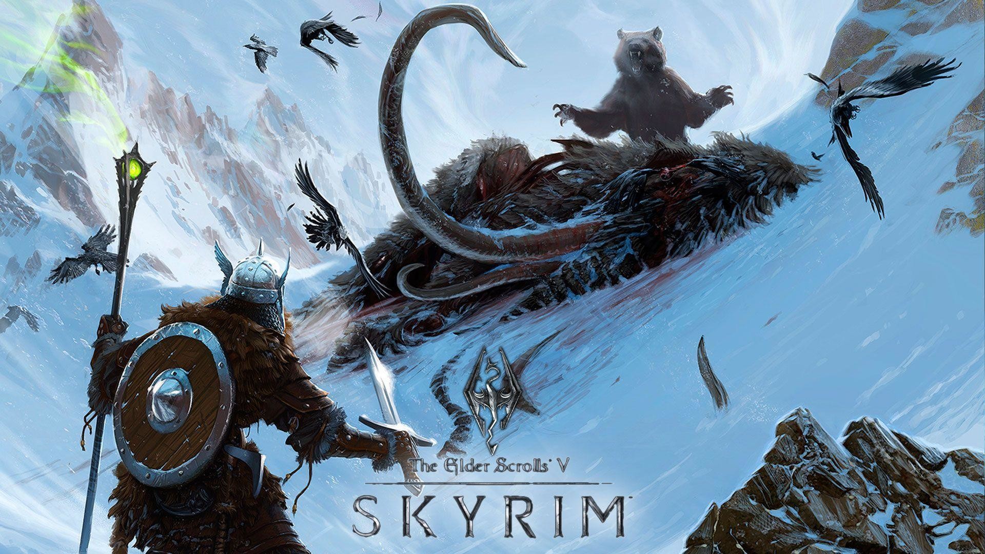 The Elder Scrolls V: Skyrim, Mammut, Gigante, Logo, Neve, Full HD 1080p, sfondo desktop