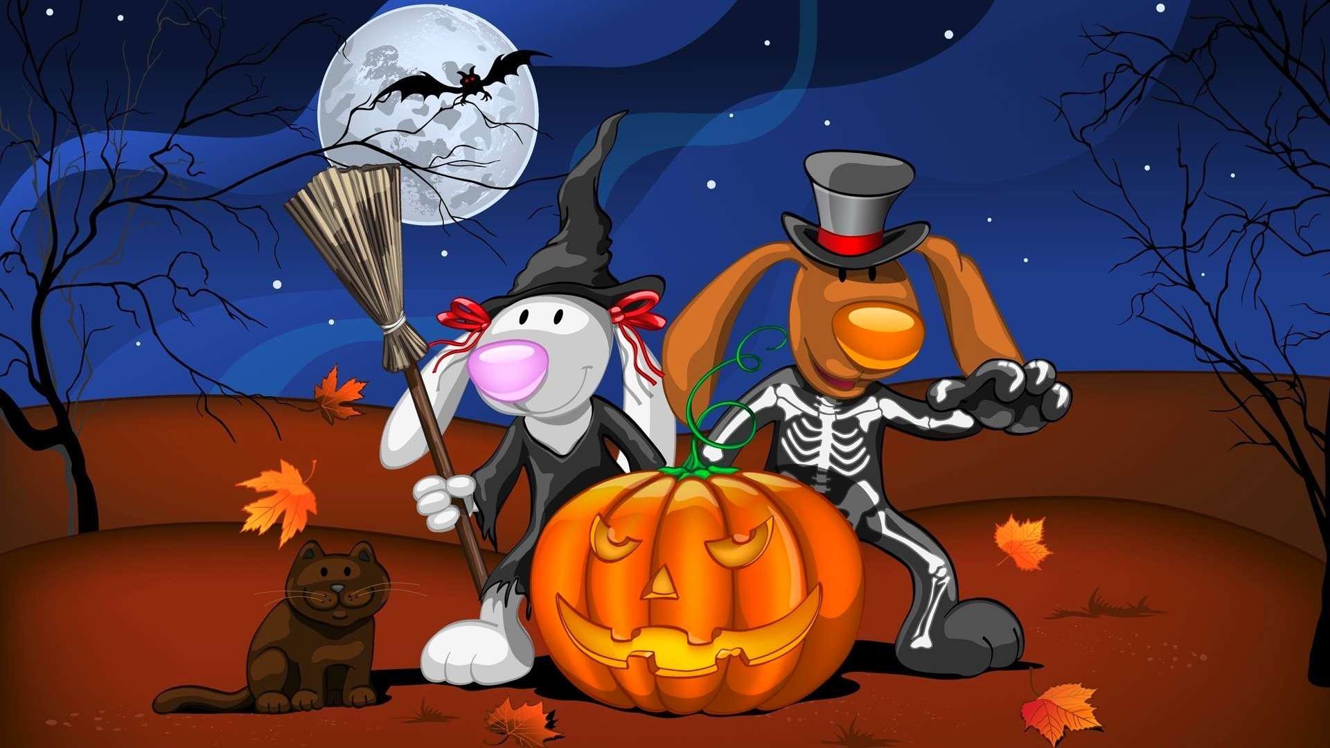Halloween, Zucca, Scheletro, Strega, Cartone, Luna piena, Full HD, sfondo per portatile