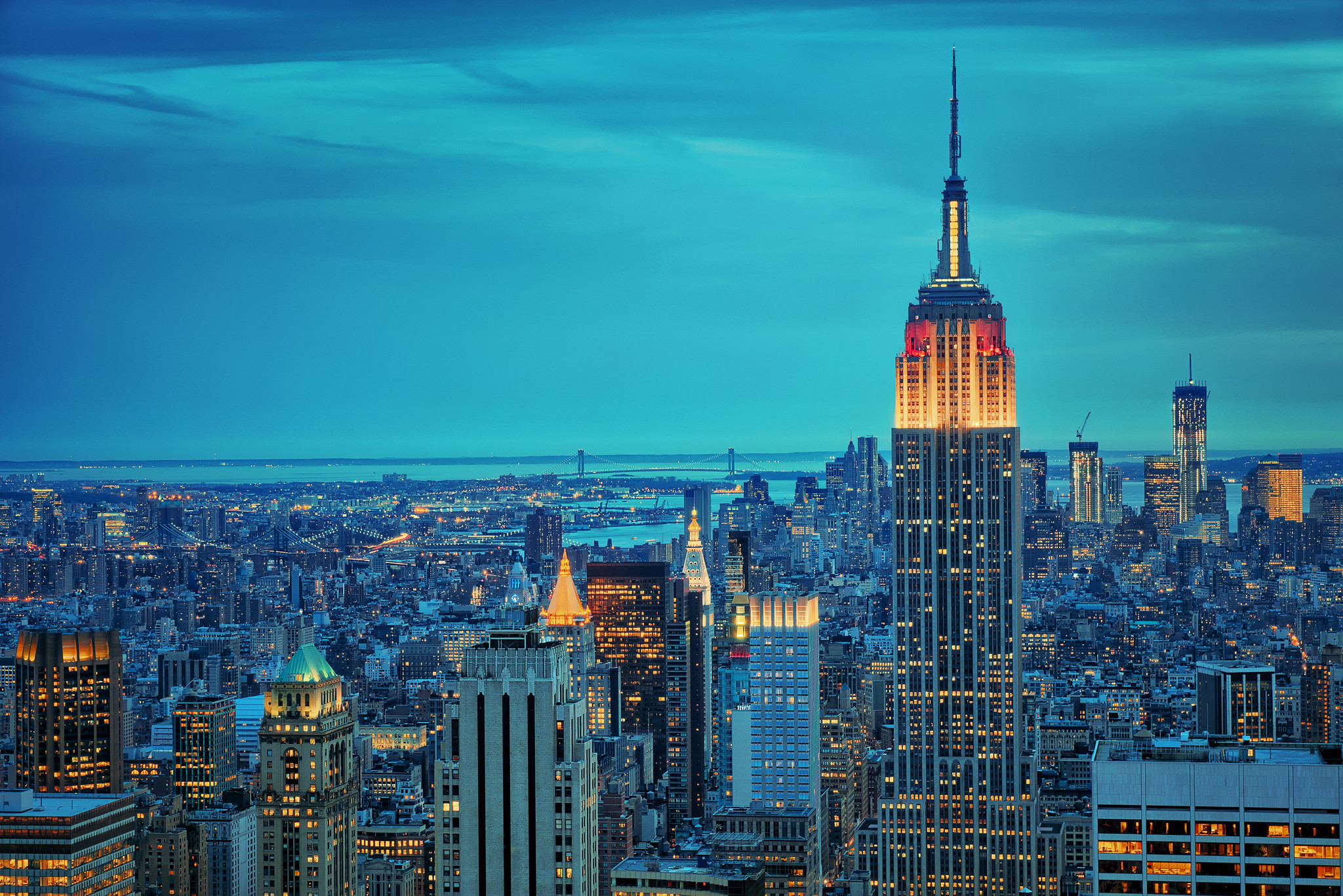 Empire State Building, Manhattan, Crepuscolo, Cielo turchese, Full HD, sfondo per portatile