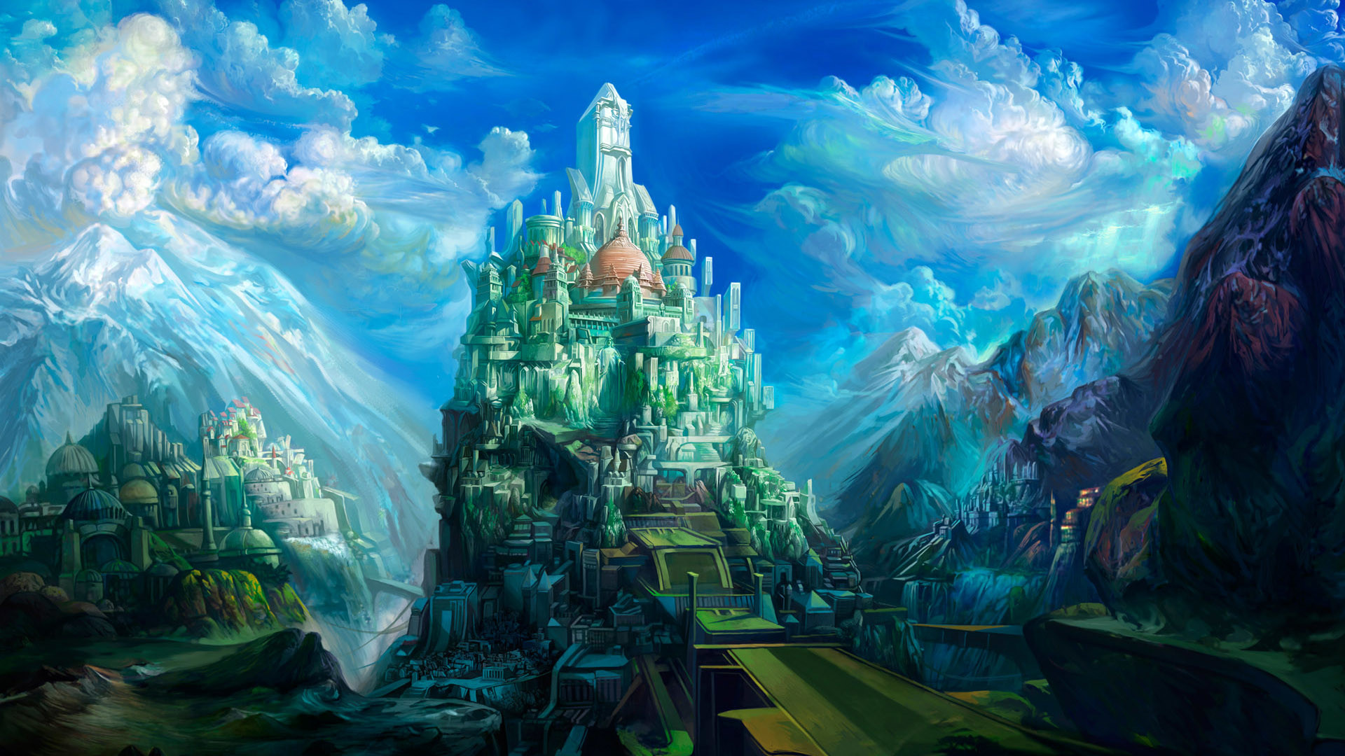 Castello fantasy, Montagne, Arte digitale, Nuvole, Full HD, sfondo Windows 11