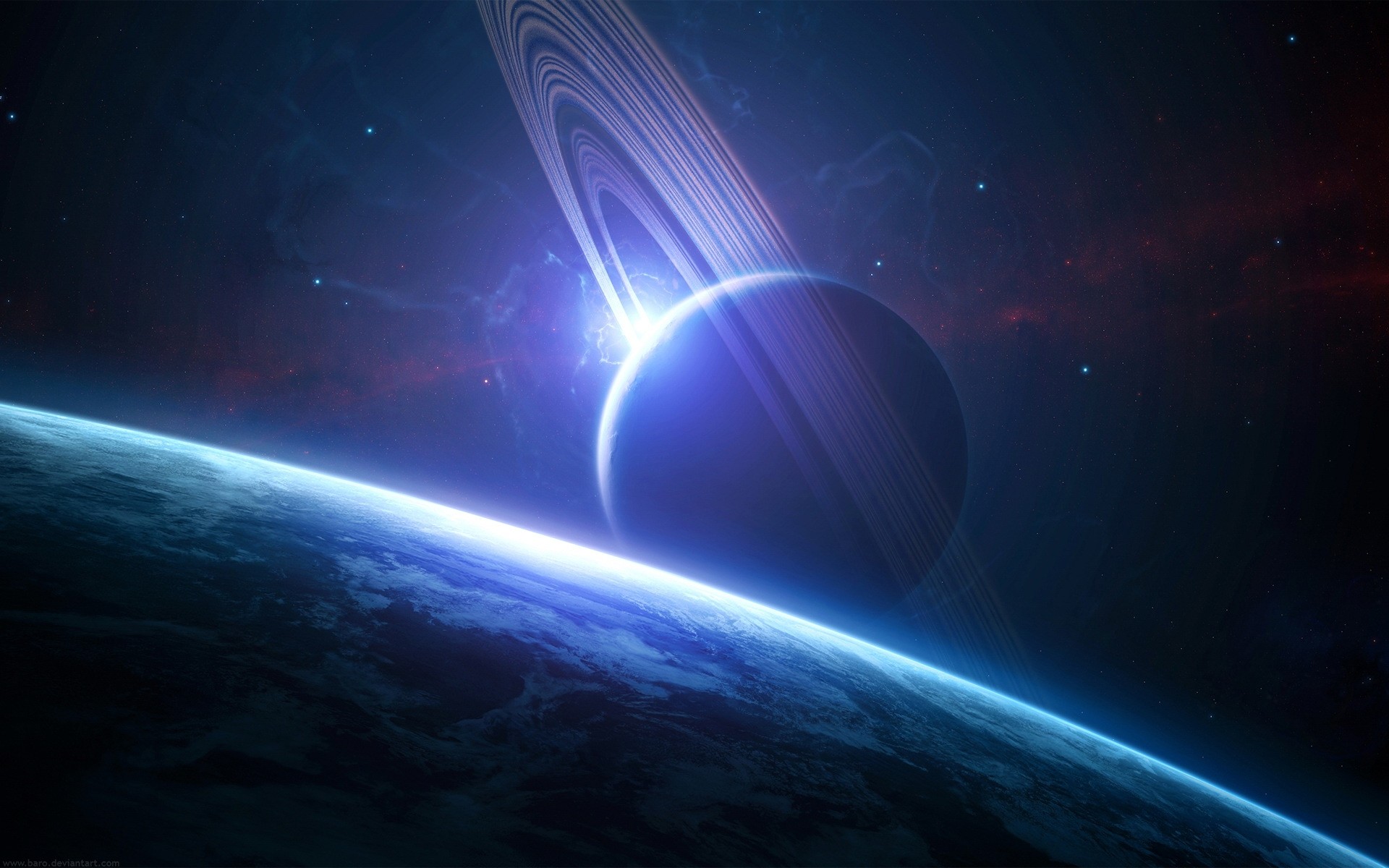 Pianeta con anelli, Spazio, Fantascienza, Orizzonte planetario, Blu, sfondo Windows 11