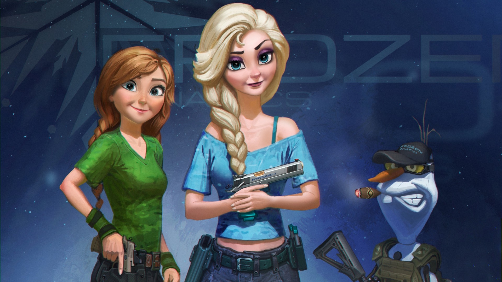 Anna, Elsa, Olaf, Frozen, Disney, Pistole, Fan art, Full HD, wallpaper per computer