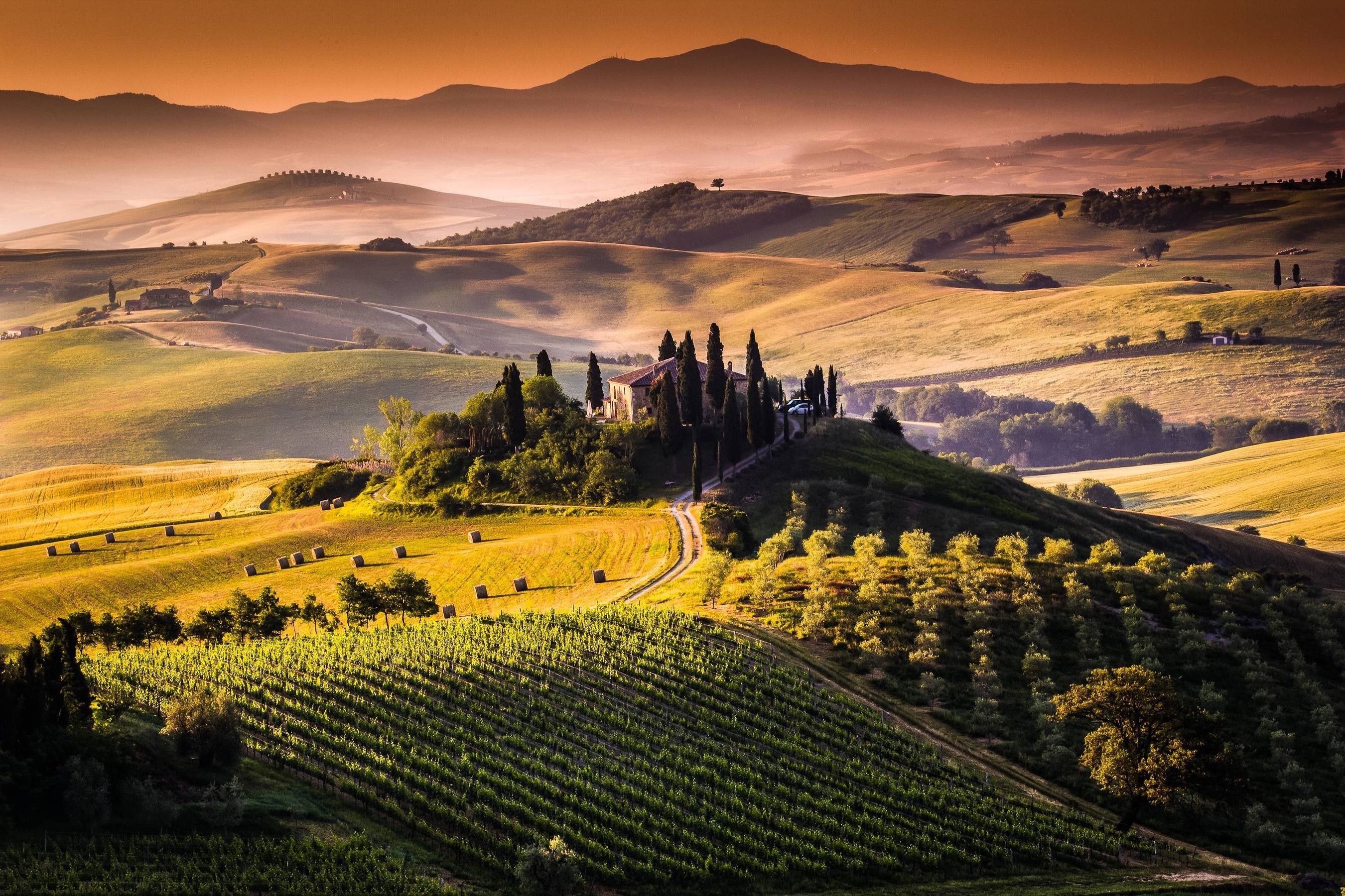Val d'Orcia, Toscana, Italia, Colline, Cipressi, 2K, sfondo per portatile
