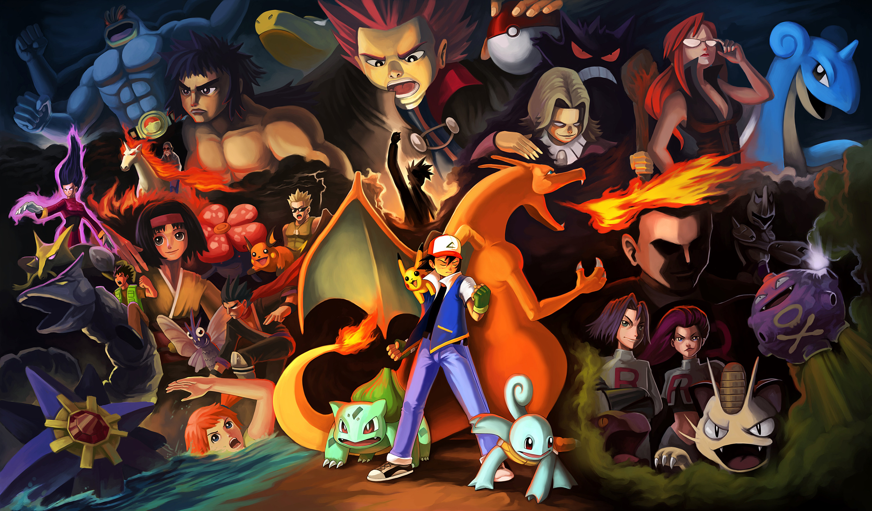 Pokémon, Ash Ketchum, Charizard, Team Rocket, Collage, 2K, sfondo Windows 11