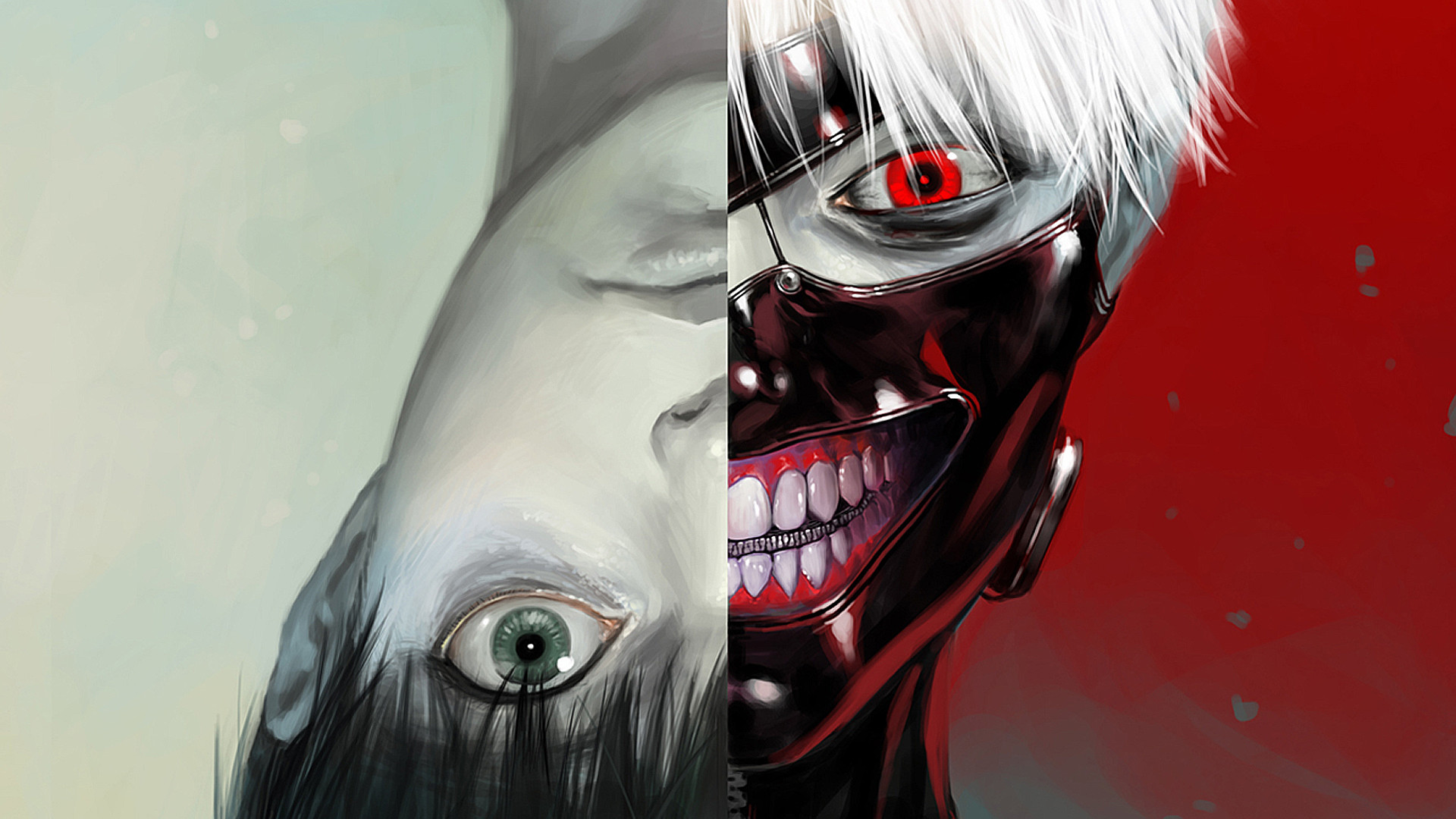 Ken Kaneki, Tokyo Ghoul, Prima e dopo, Maschera, Occhio rosso, Full HD, sfondo Windows 11